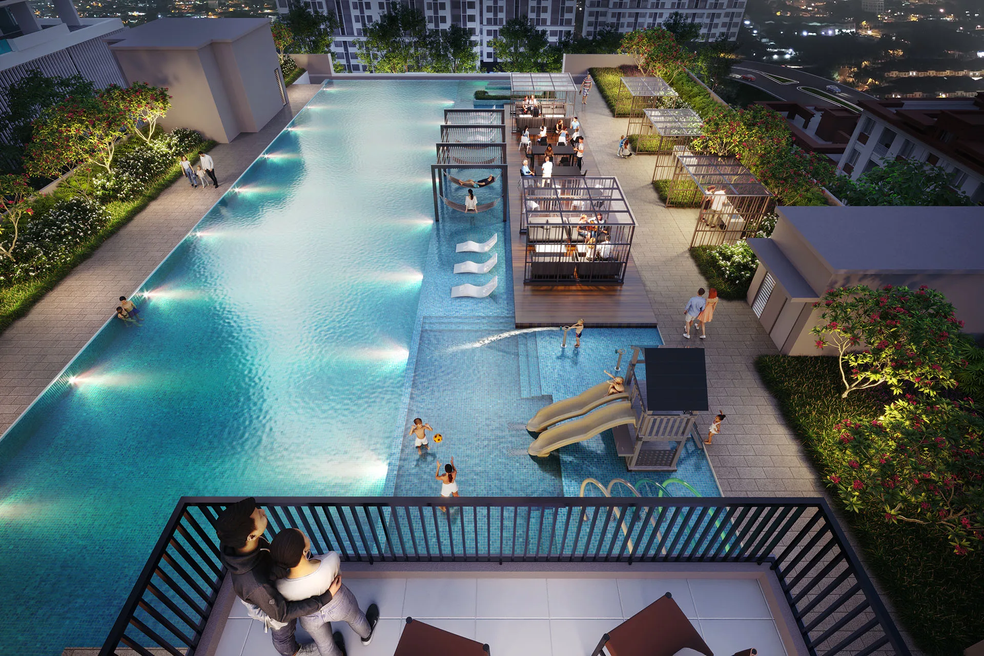 Tangen Residences 单位阳台俯瞰泳池平台，吉隆坡 North Kiara