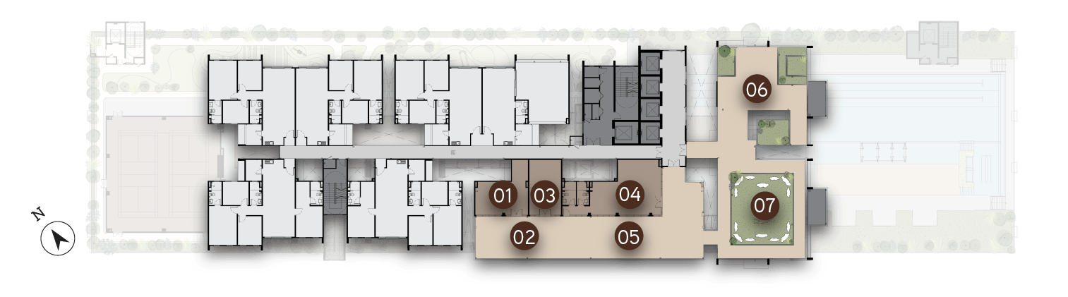 Tangen Residences 官方 49 楼天台设施平面图：空中会客厅、空中影院与冥想平台