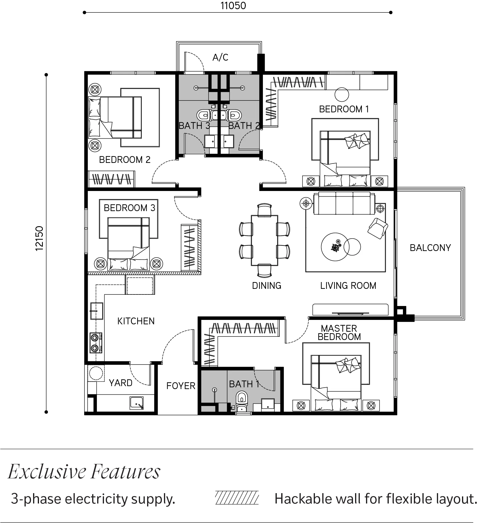 Tangen Residences A 型户型图，1,582 平方尺，4 房 3 卫，吉隆坡 North Kiara