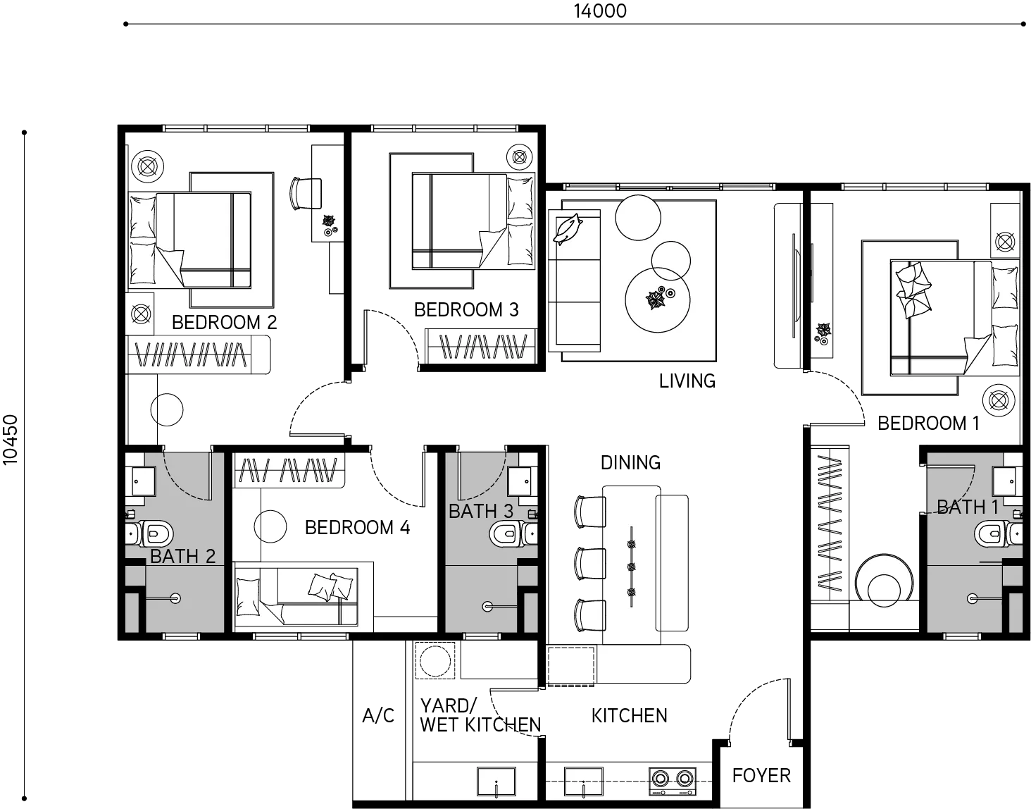 Tangen Residences B 型户型图，1,281 平方尺，4 房 3 卫，吉隆坡 North Kiara