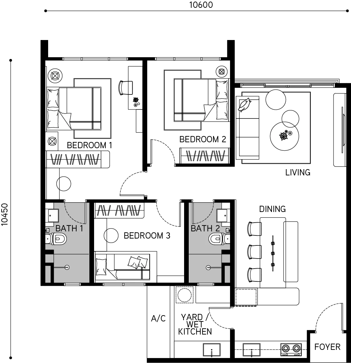 Tangen Residences C 型户型图，1,033 平方尺，3 房 2 卫，吉隆坡 North Kiara