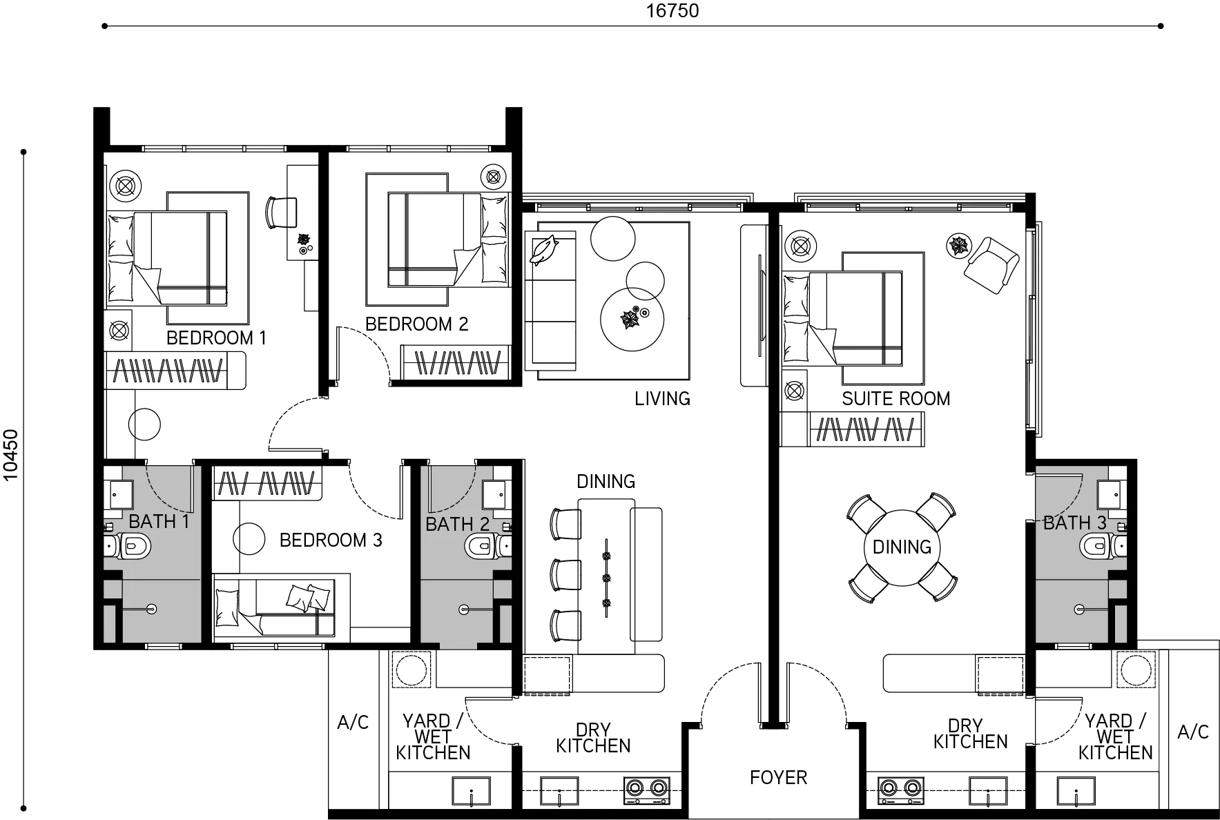 Tangen Residences D 型户型图，1,550 平方尺，4 房 3 卫，吉隆坡 North Kiara
