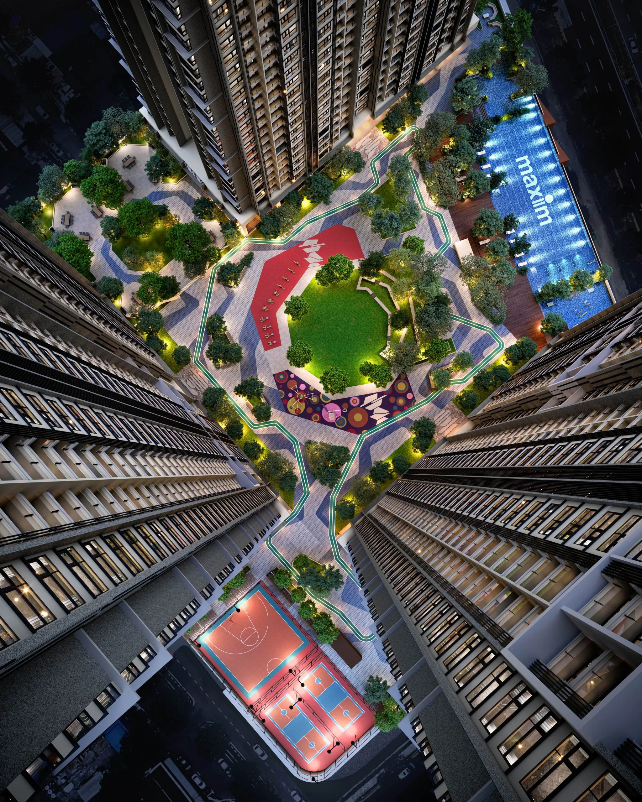 Aerial view of the facilities podium at The Address @ Maxim Pelangi, Taman Pelangi, Johor Bahru