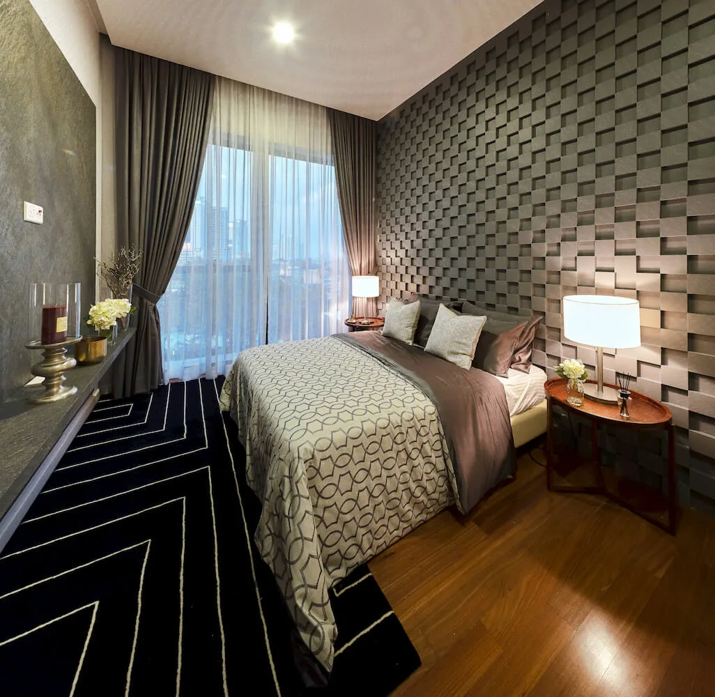 Bedroom with timber strip flooring in a completed residence at The Astaka @ One Bukit Senyum, Johor Bahru