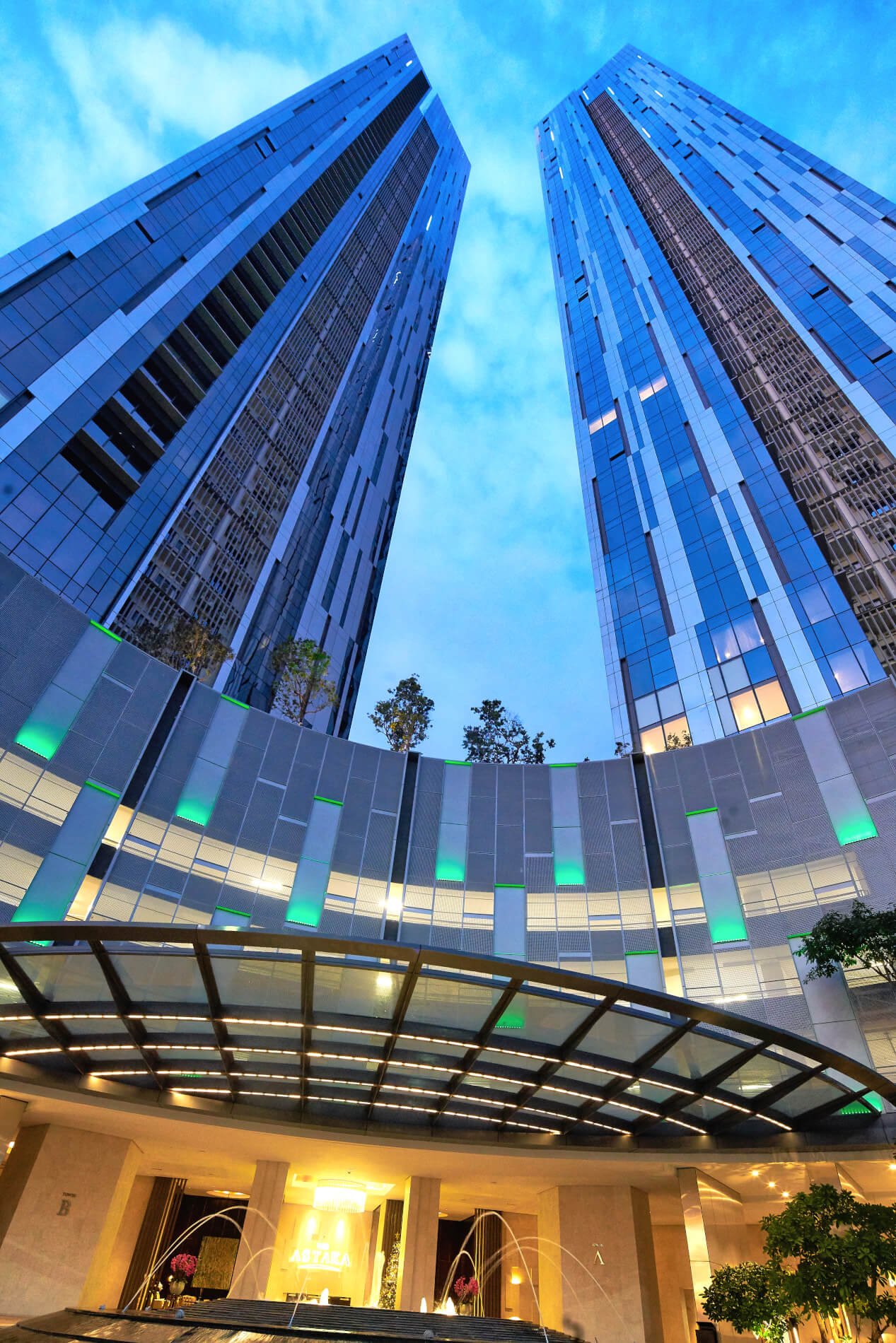 Full-height curtain wall elevation of The Astaka @ One Bukit Senyum, Southeast Asia's tallest residential twin towers, Johor Bahru