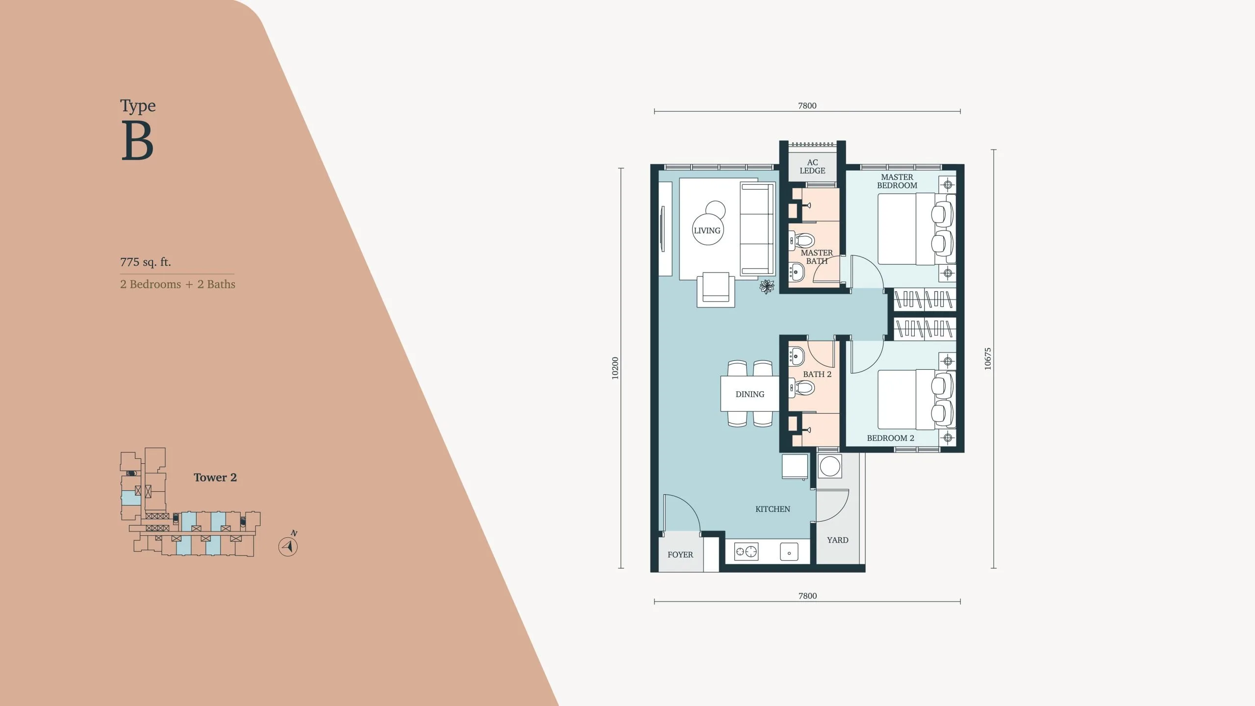 雪兰莪八打灵再也 Paramount Property The Atera 二期 B 型户型图,775 平方尺 2 房