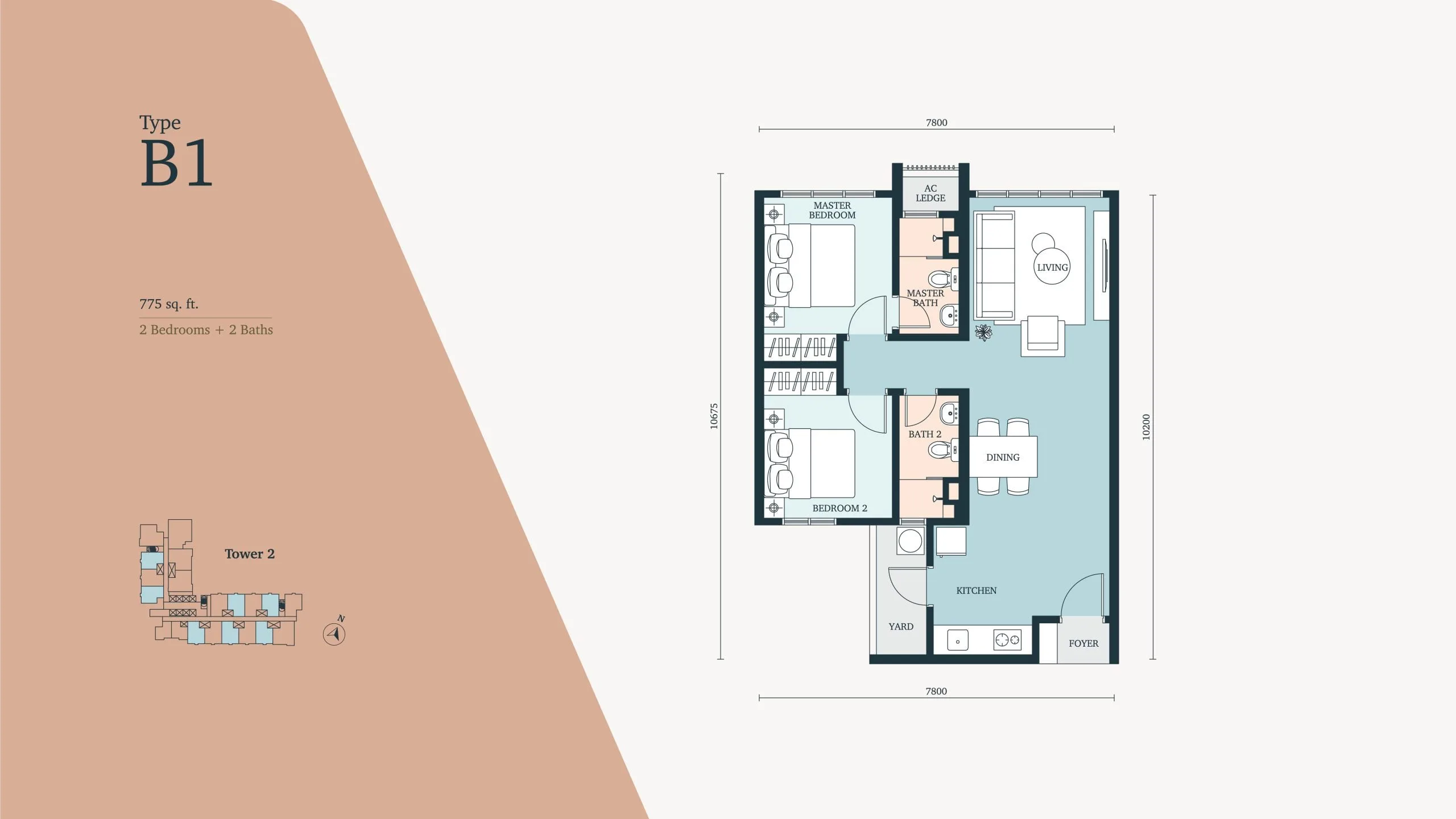 雪兰莪八打灵再也 Paramount Property The Atera 二期 B1 型户型图,775 平方尺 2 房
