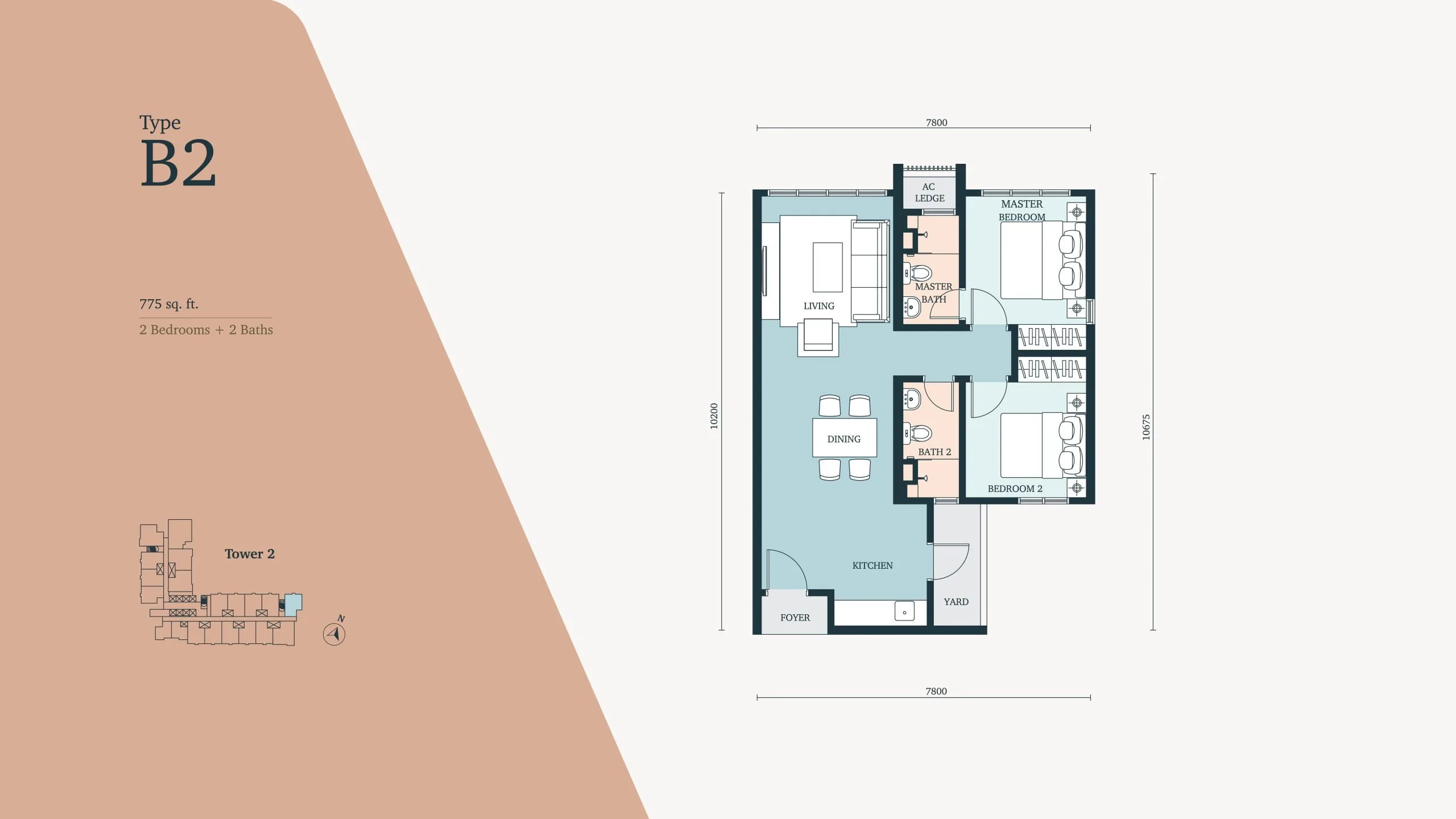 雪兰莪八打灵再也 Paramount Property The Atera 二期 B2 型户型图,775 平方尺 2 房