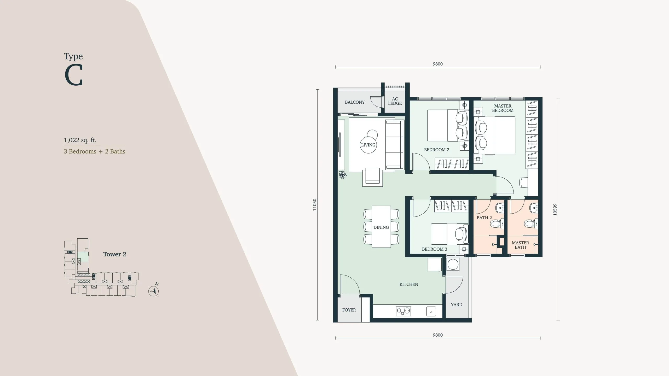雪兰莪八打灵再也 Paramount Property The Atera 二期 C 型户型图,1,022 平方尺 3 房