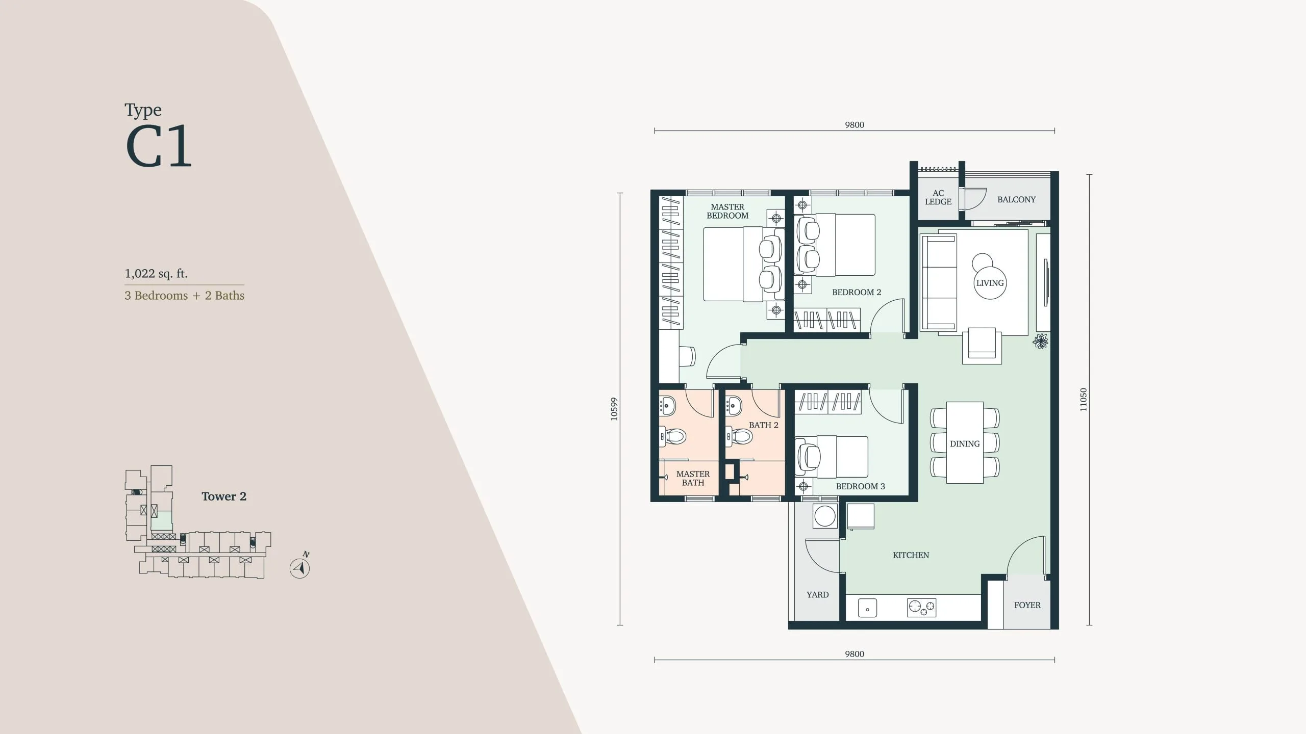 雪兰莪八打灵再也 Paramount Property The Atera 二期 C1 型户型图,1,022 平方尺 3 房