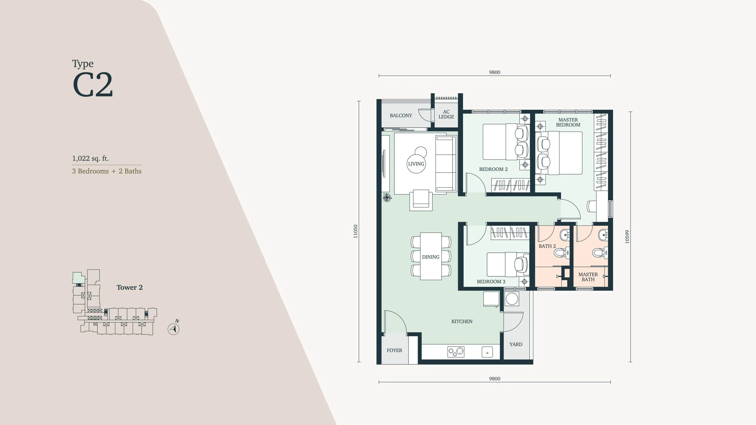 雪兰莪八打灵再也 Paramount Property The Atera 二期 C2 型户型图,1,022 平方尺 3 房