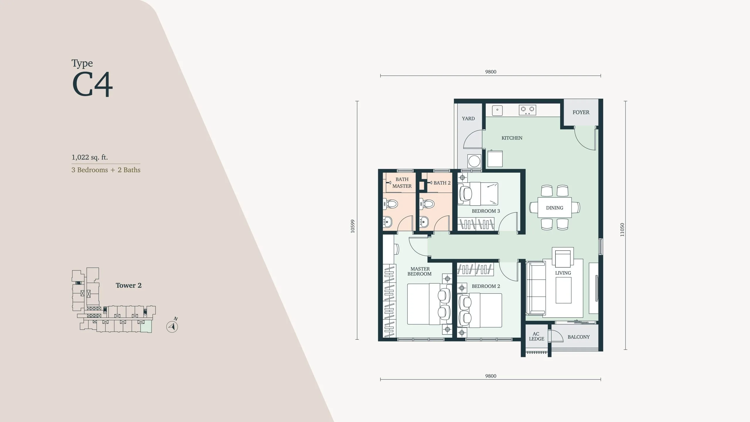 雪兰莪八打灵再也 Paramount Property The Atera 二期 C4 型户型图,1,022 平方尺 3 房