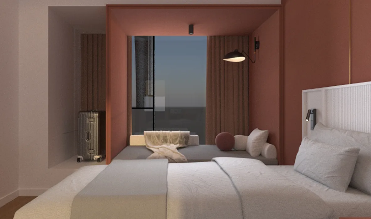 Terracotta and neutral interior scheme at The Bedrock @ Jesselton Docklands by EXSIM with Bedi, Kota Kinabalu, Sabah