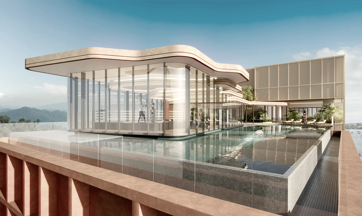 Rooftop pool deck at The Bedrock @ Jesselton Docklands by EXSIM with Bedi, Kota Kinabalu, Sabah