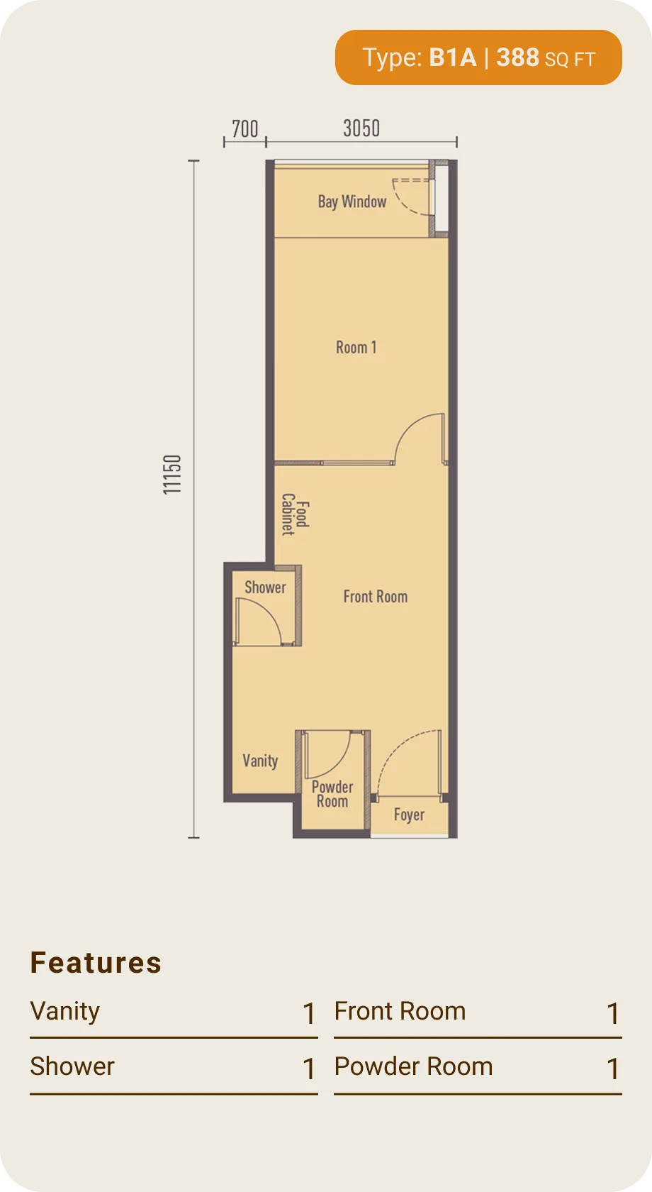 Type B1a layout plan, 1 bedroom at The Bedrock @ Jesselton Docklands by EXSIM with Bedi, Kota Kinabalu, Sabah