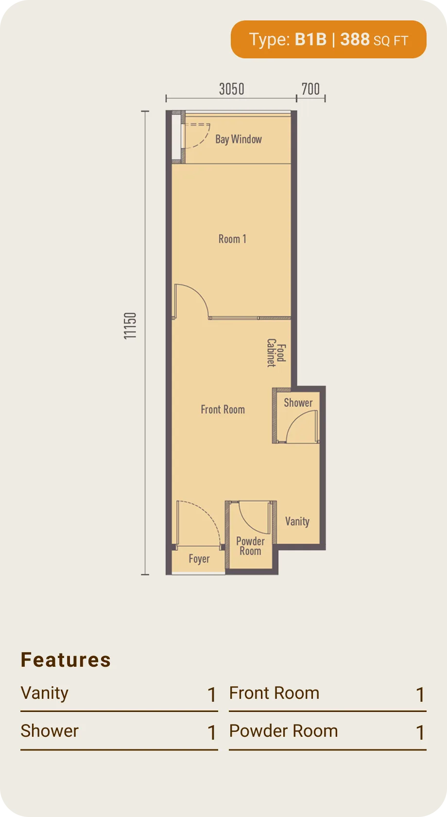 Type B1b layout plan, 1 bedroom at The Bedrock @ Jesselton Docklands by EXSIM with Bedi, Kota Kinabalu, Sabah