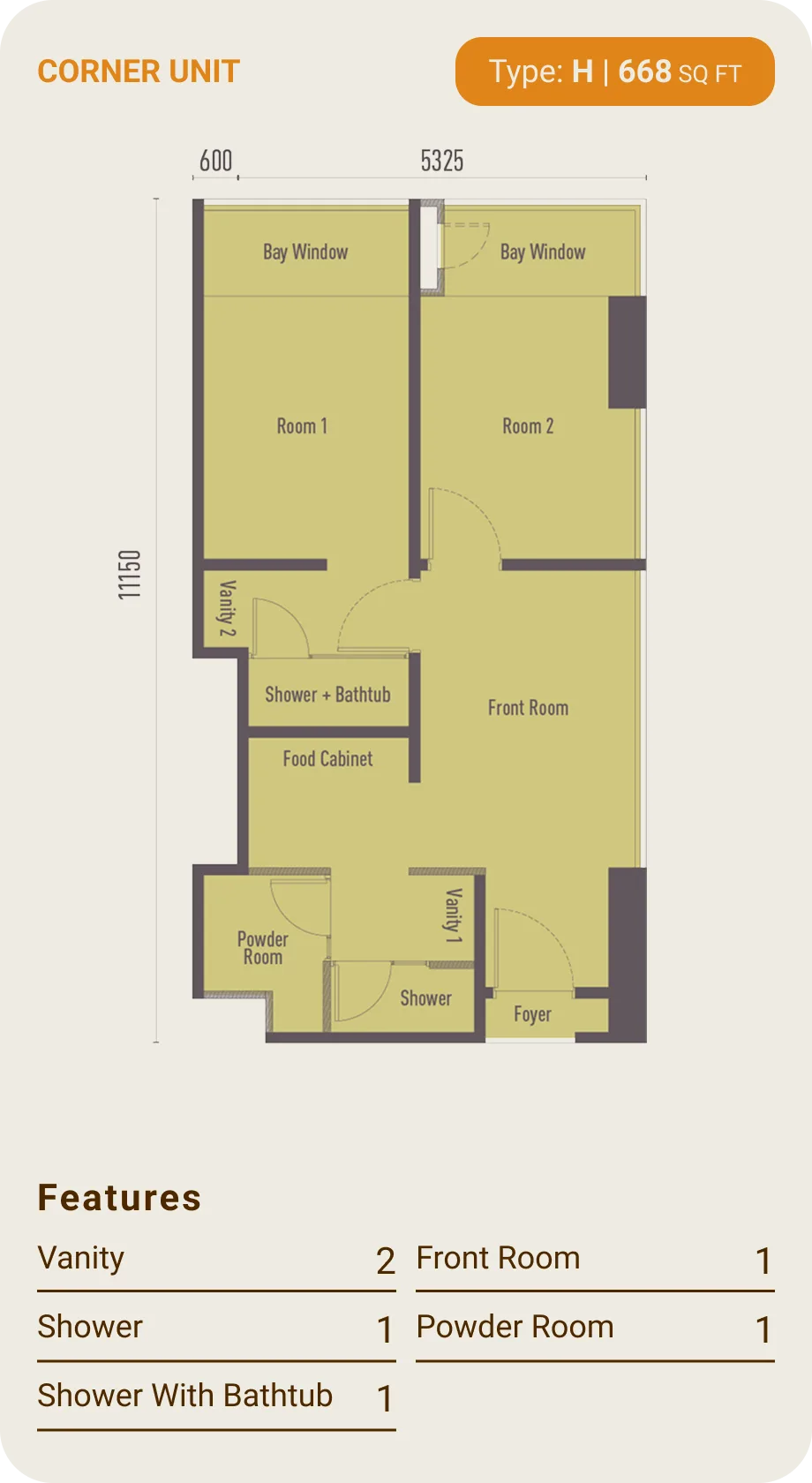 Type H layout plan, 2 bedrooms at The Bedrock @ Jesselton Docklands by EXSIM with Bedi, Kota Kinabalu, Sabah