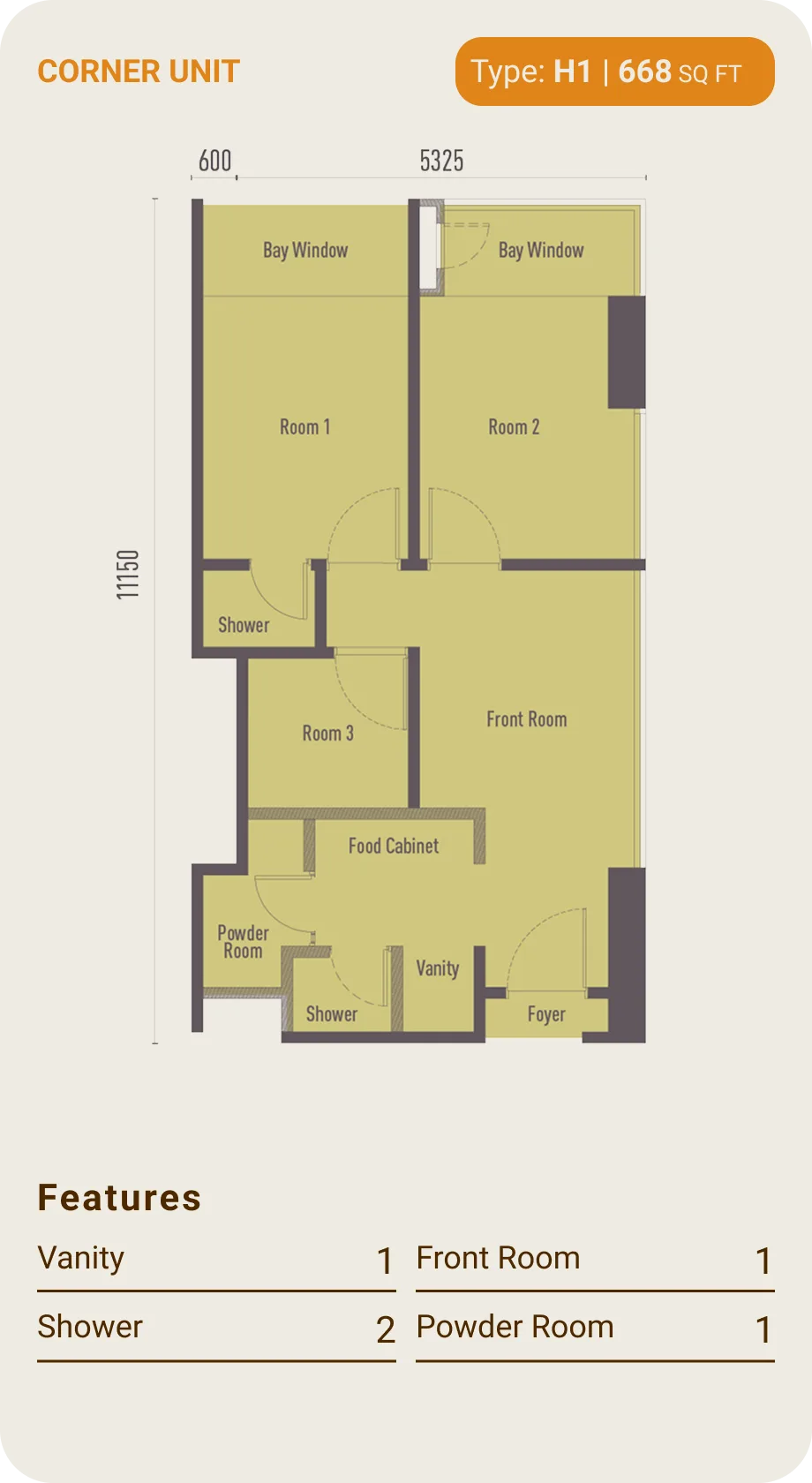 Type H1 layout plan, 3 bedrooms at The Bedrock @ Jesselton Docklands by EXSIM with Bedi, Kota Kinabalu, Sabah