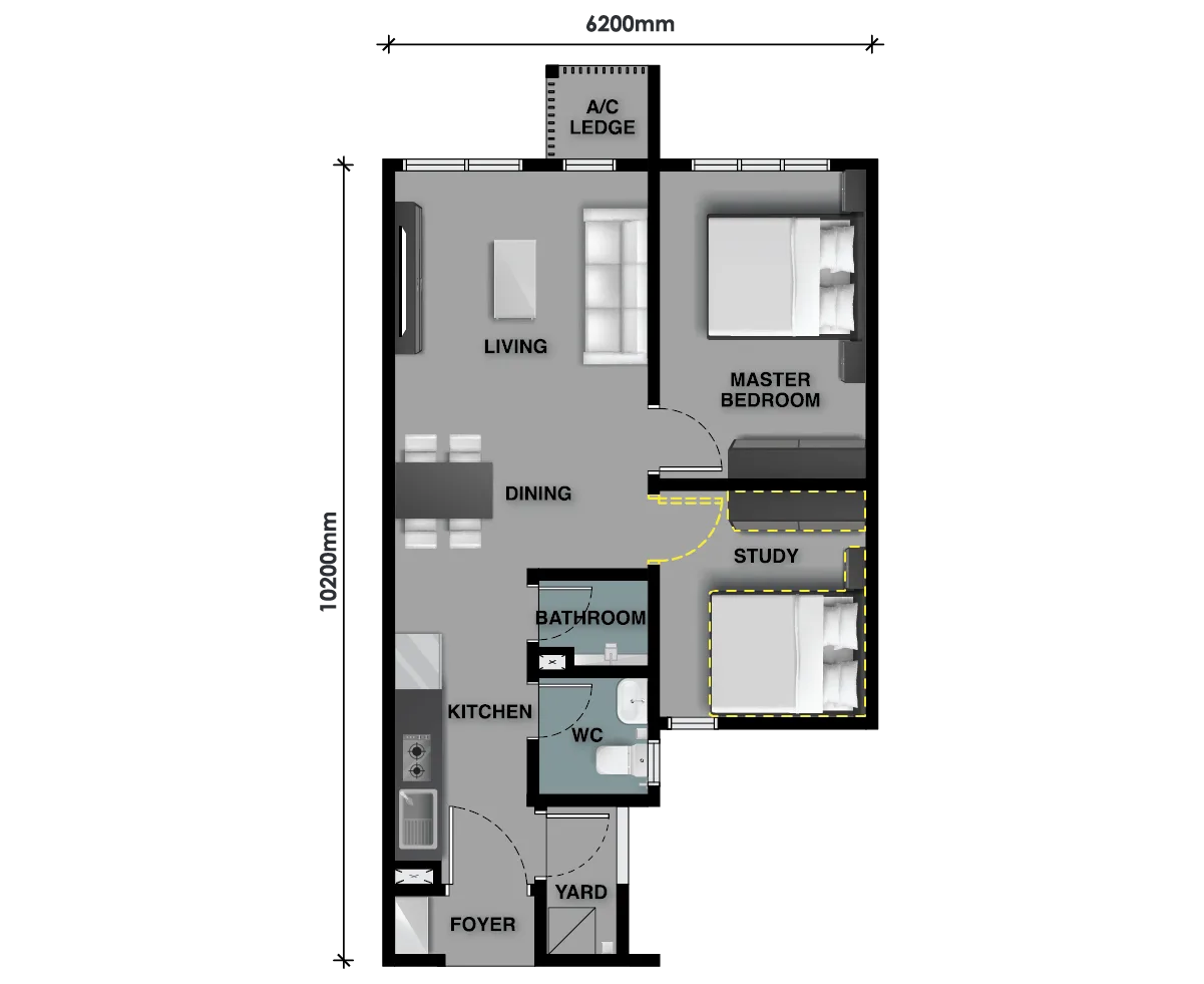 The Celestz Type A floor plan — 581 sq ft one-bedroom plus study, Kebun Teh, Johor Bahru