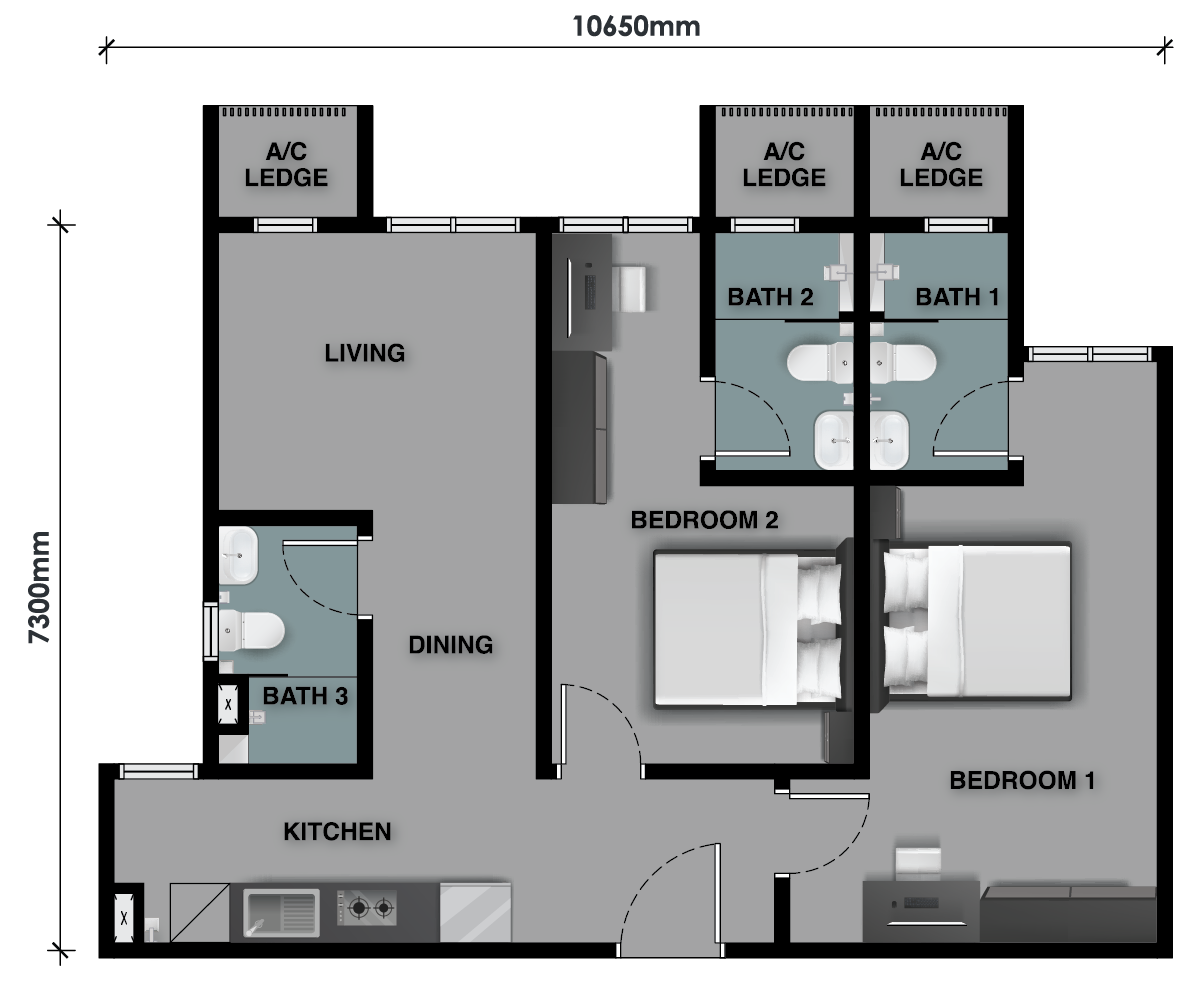 The Celestz Type B floor plan — 753 sq ft two-bedroom with three bathrooms, Kebun Teh, Johor Bahru