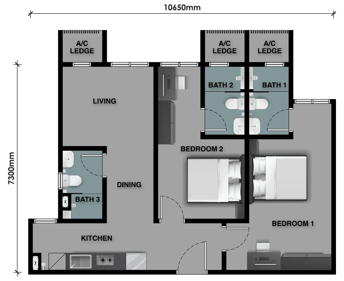 The Celestz Type B floor plan — 753 sq ft two-bedroom with three bathrooms, Kebun Teh, Johor Bahru