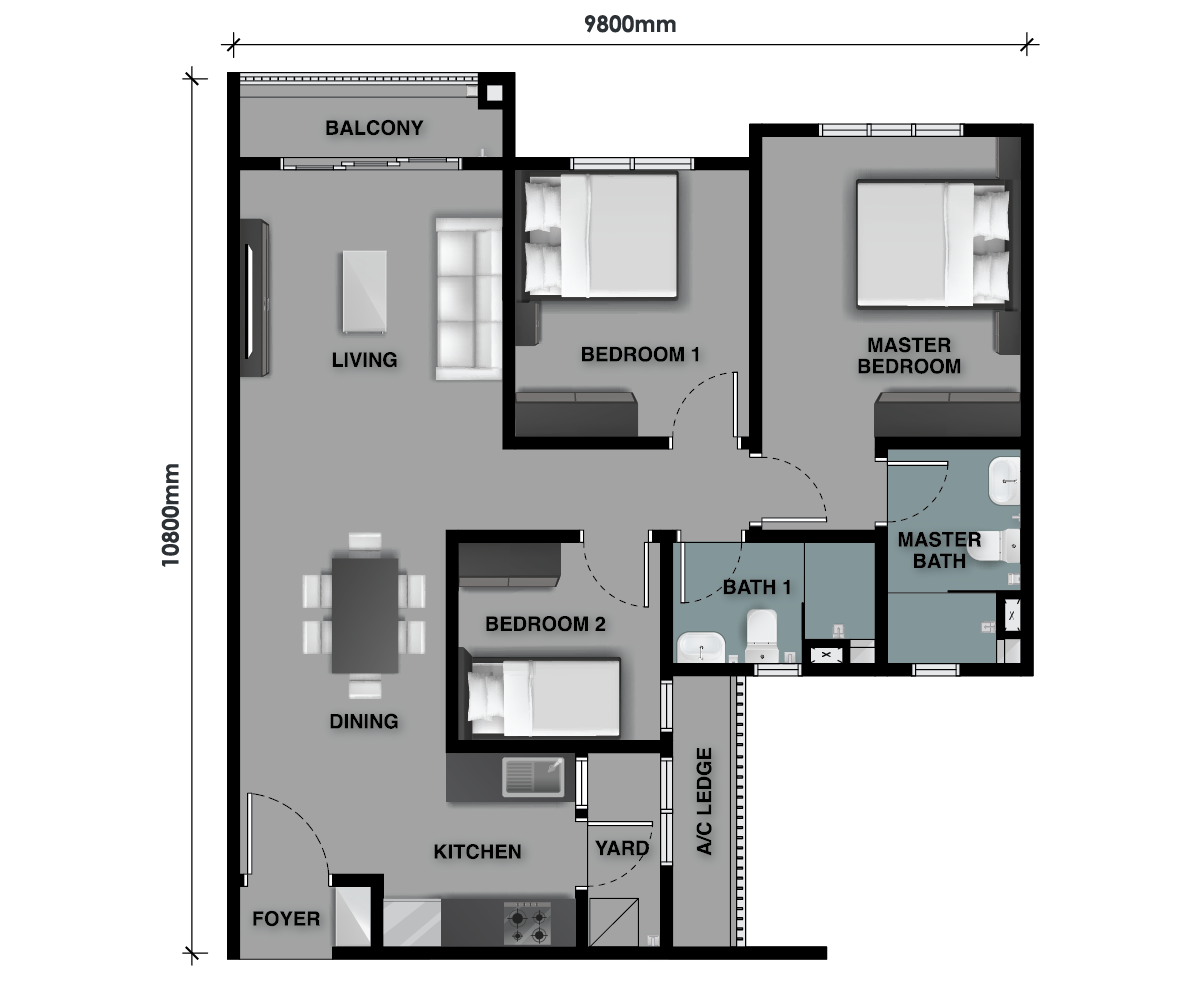 The Celestz Type C1 floor plan — 915 sq ft three-bedroom with balcony, Kebun Teh, Johor Bahru