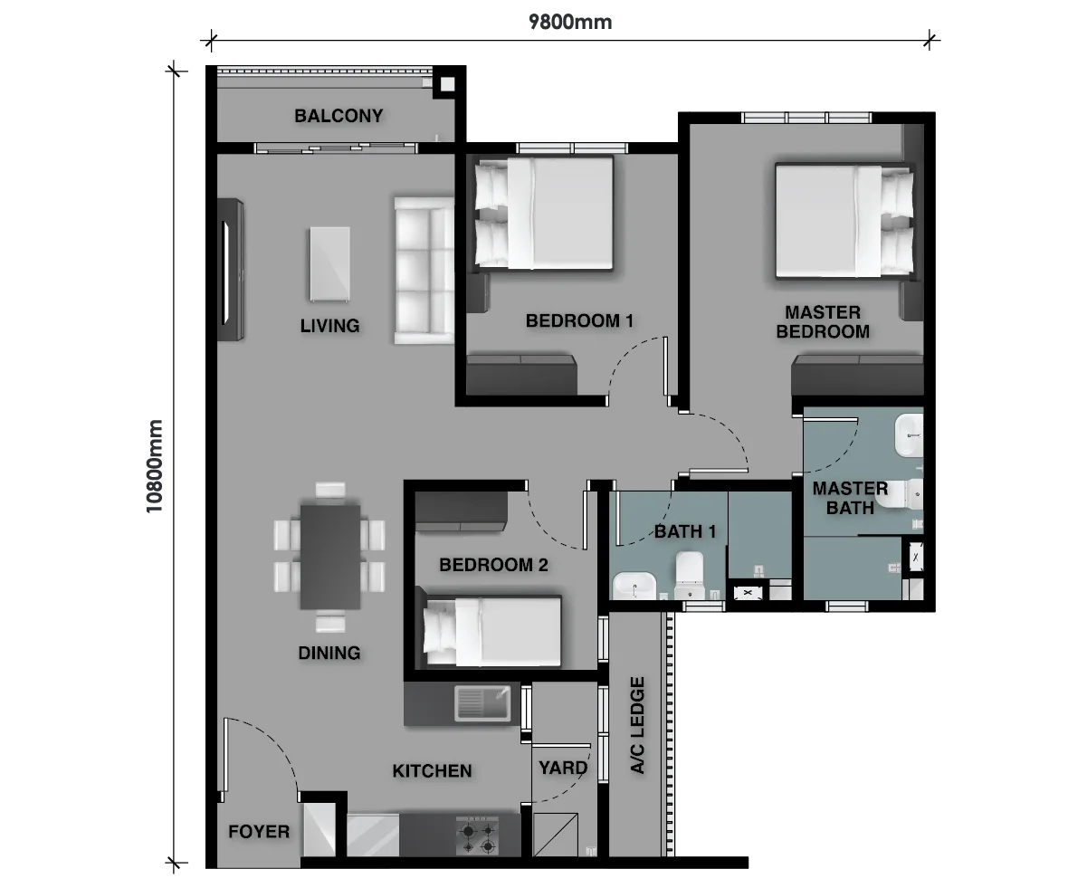 The Celestz Type C1 floor plan — 915 sq ft three-bedroom with balcony, Kebun Teh, Johor Bahru