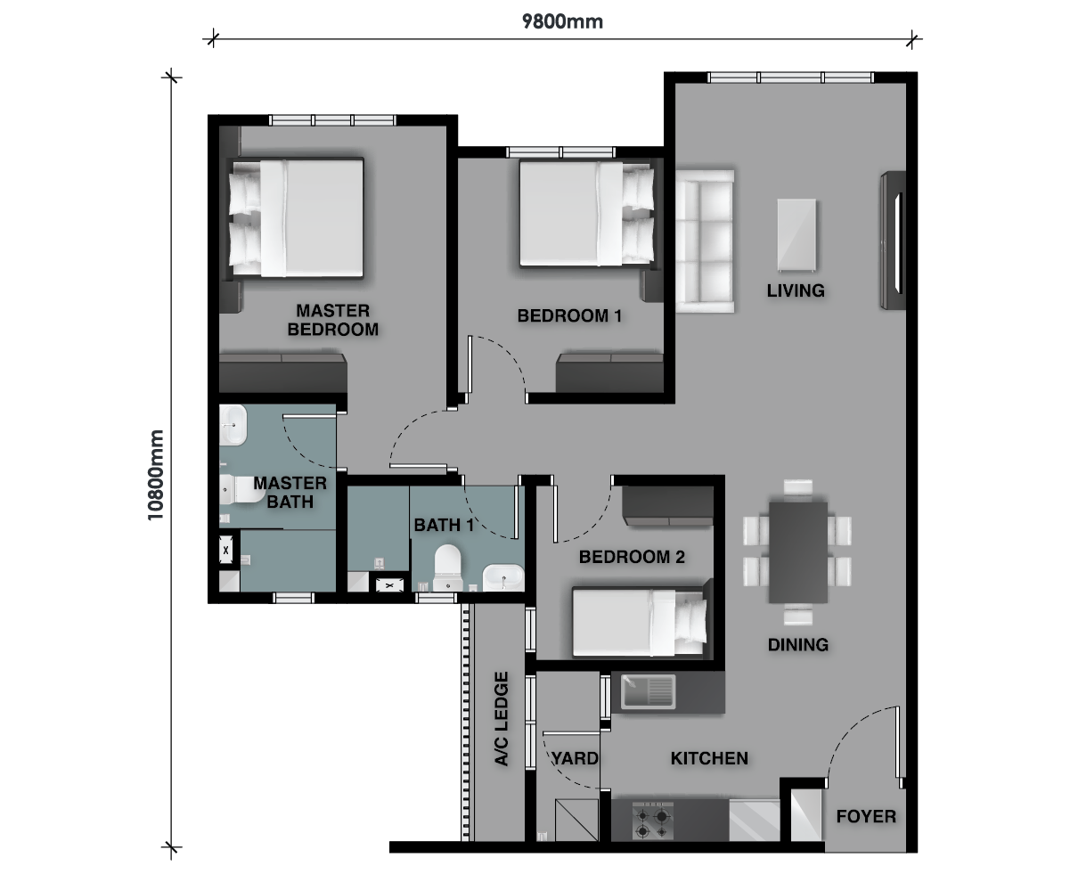 The Celestz Type C2 floor plan — 915 sq ft three-bedroom without balcony, Kebun Teh, Johor Bahru