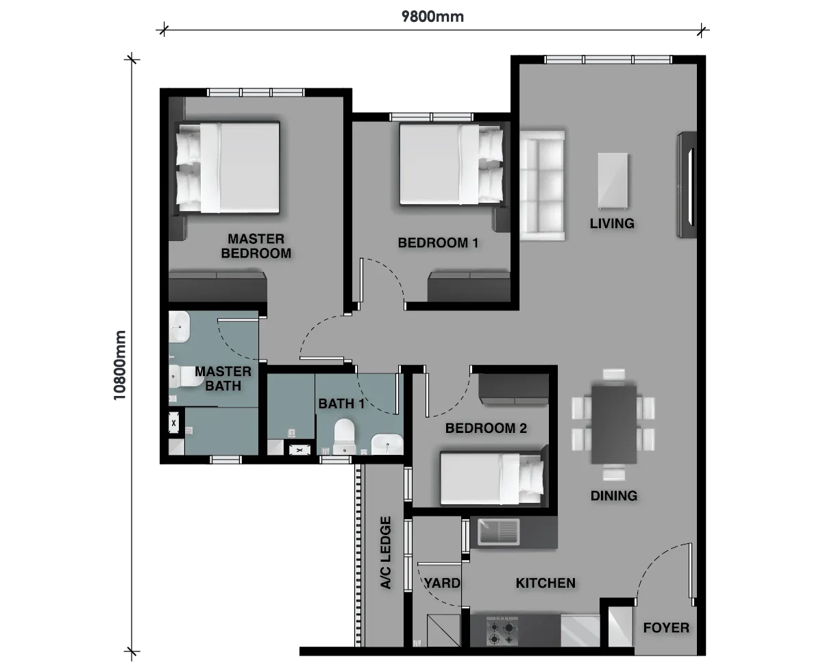The Celestz Type C2 floor plan — 915 sq ft three-bedroom without balcony, Kebun Teh, Johor Bahru