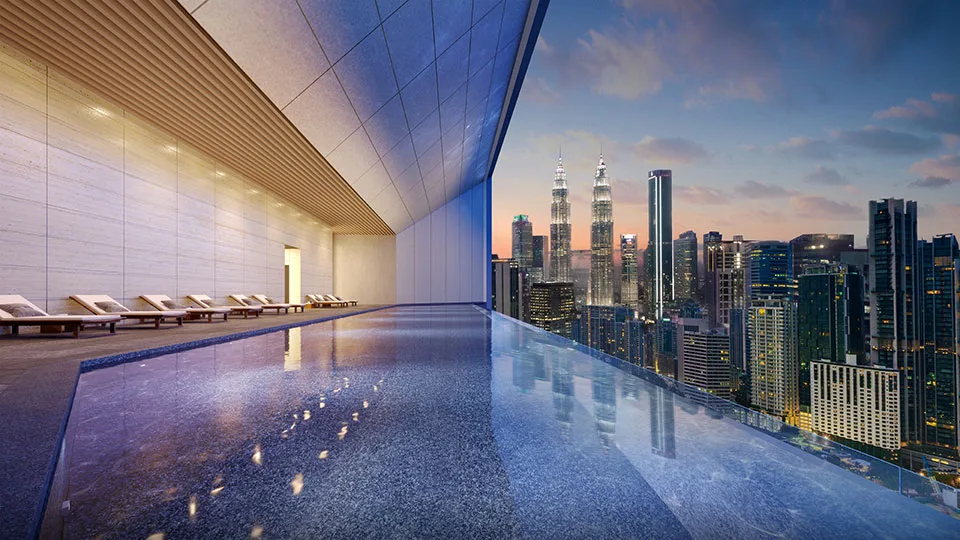 Pool deck and heated swimming pool render at Conlay by E&O, Jalan Conlay, Kuala Lumpur