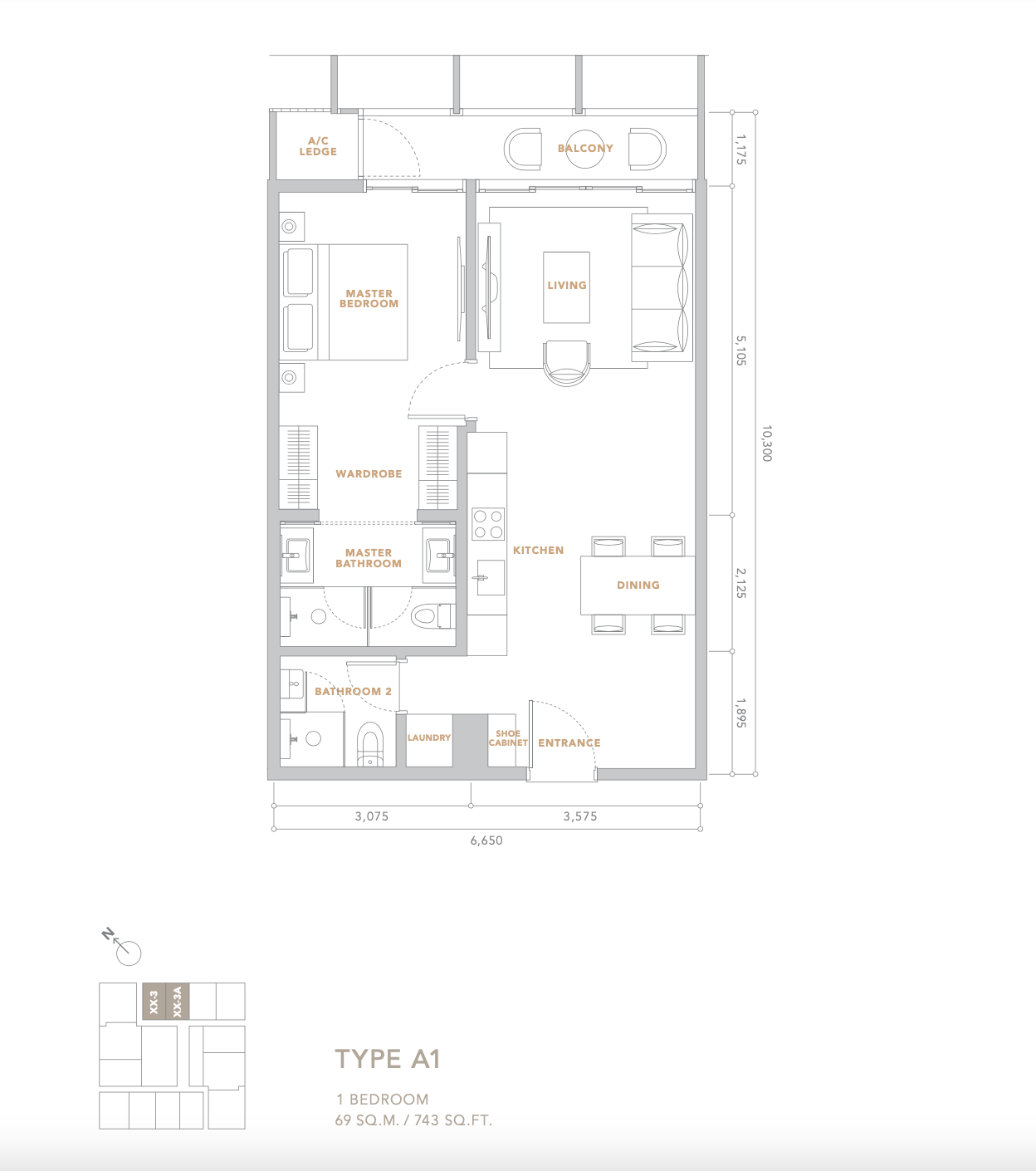 Conlay by E&O Type A1 floor plan, 743 sq ft one bedroom, Jalan Conlay, Kuala Lumpur