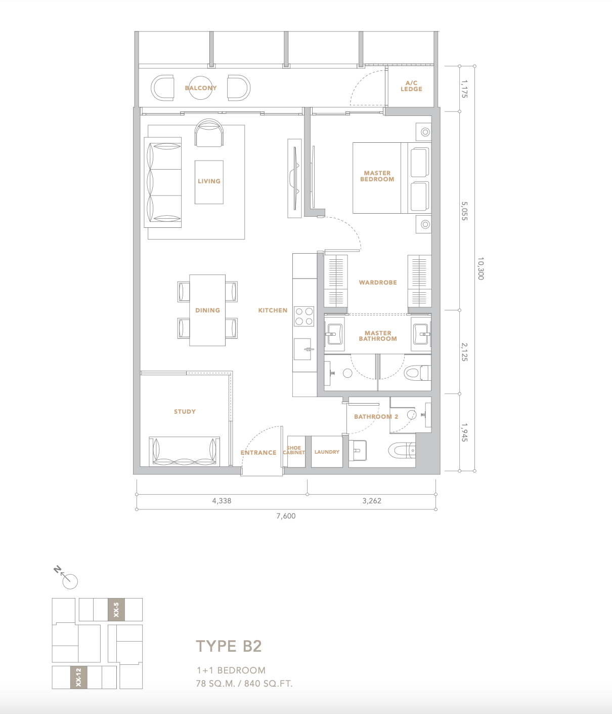 Conlay by E&O Type B2 floor plan, 840 sq ft one plus one bedroom, Jalan Conlay, Kuala Lumpur