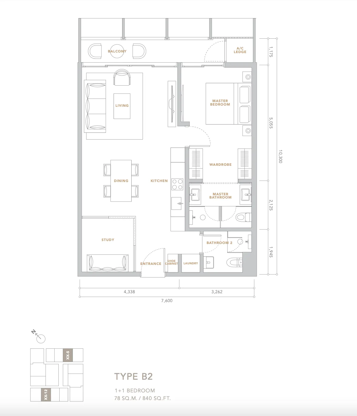 Conlay by E&O B2 户型图,840 平方尺 1+1 房,吉隆坡 Jalan Conlay
