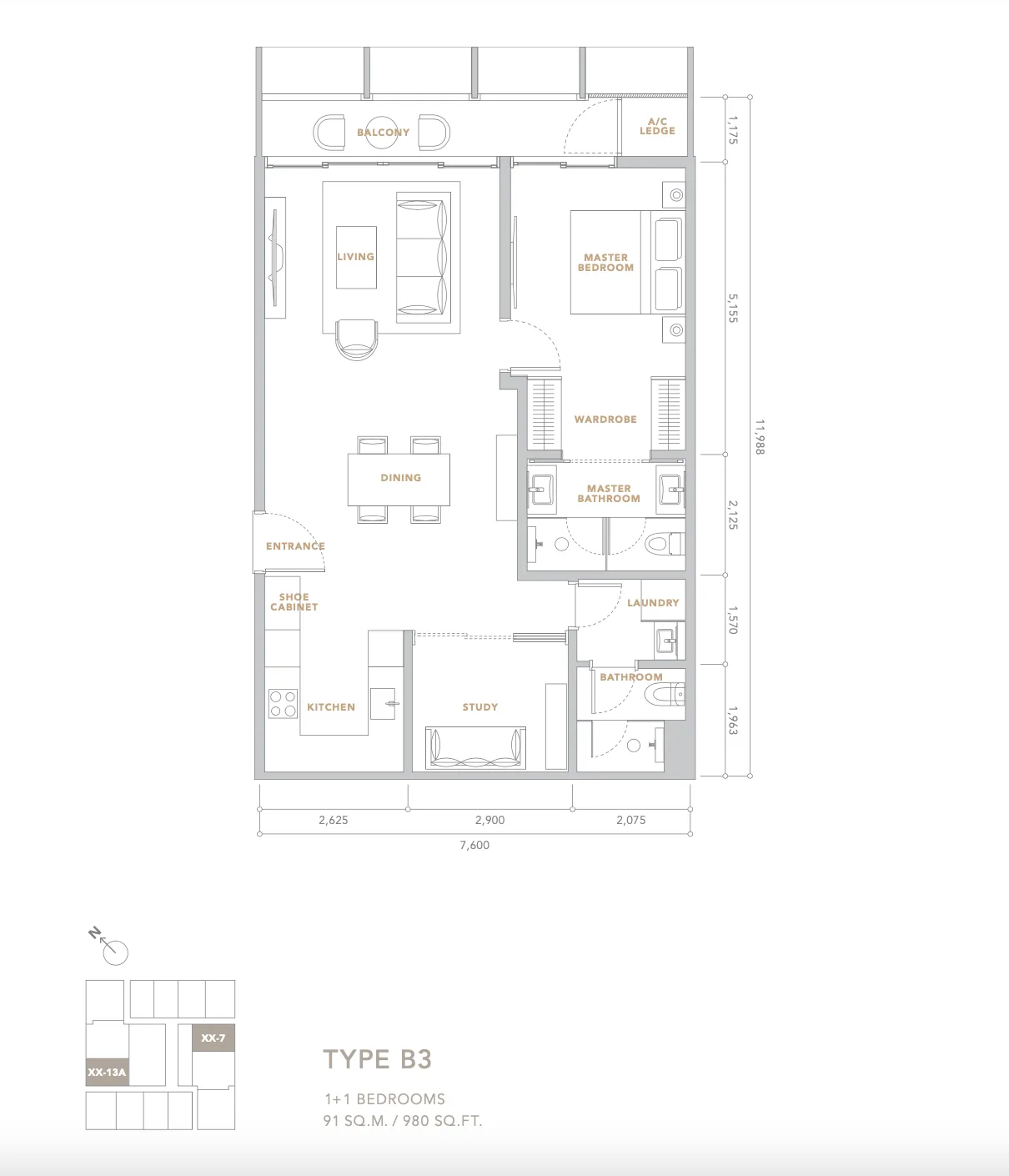 Conlay by E&O Type B3 floor plan, 980 sq ft one plus one bedroom, Jalan Conlay, Kuala Lumpur