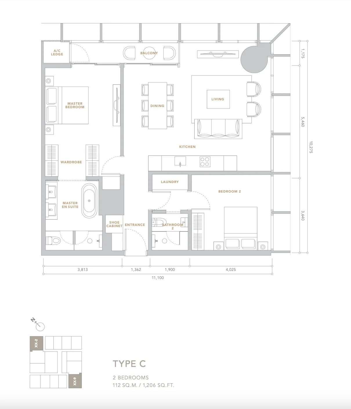 Conlay by E&O Type C floor plan, 1,206 sq ft two bedrooms, Jalan Conlay, Kuala Lumpur