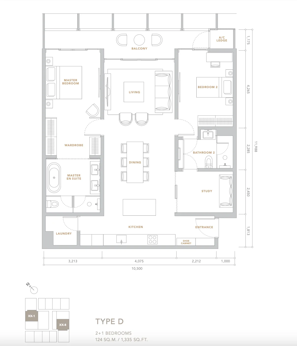 Conlay by E&O Type D floor plan, 1,335 sq ft two plus one bedrooms, Jalan Conlay, Kuala Lumpur