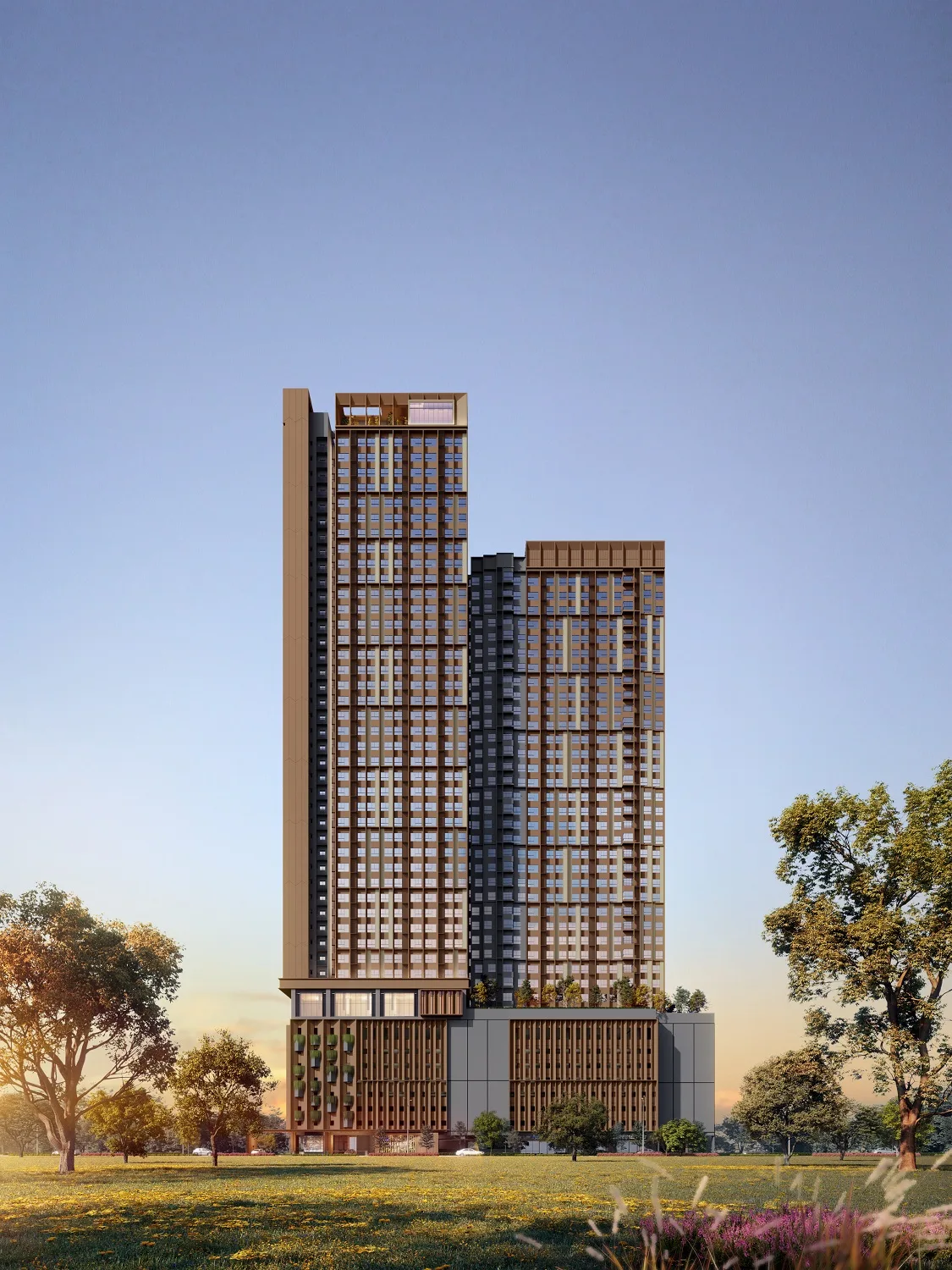 Street-level view of the towers at The Kingswoodz @ Bukit Jalil, Kuala Lumpur