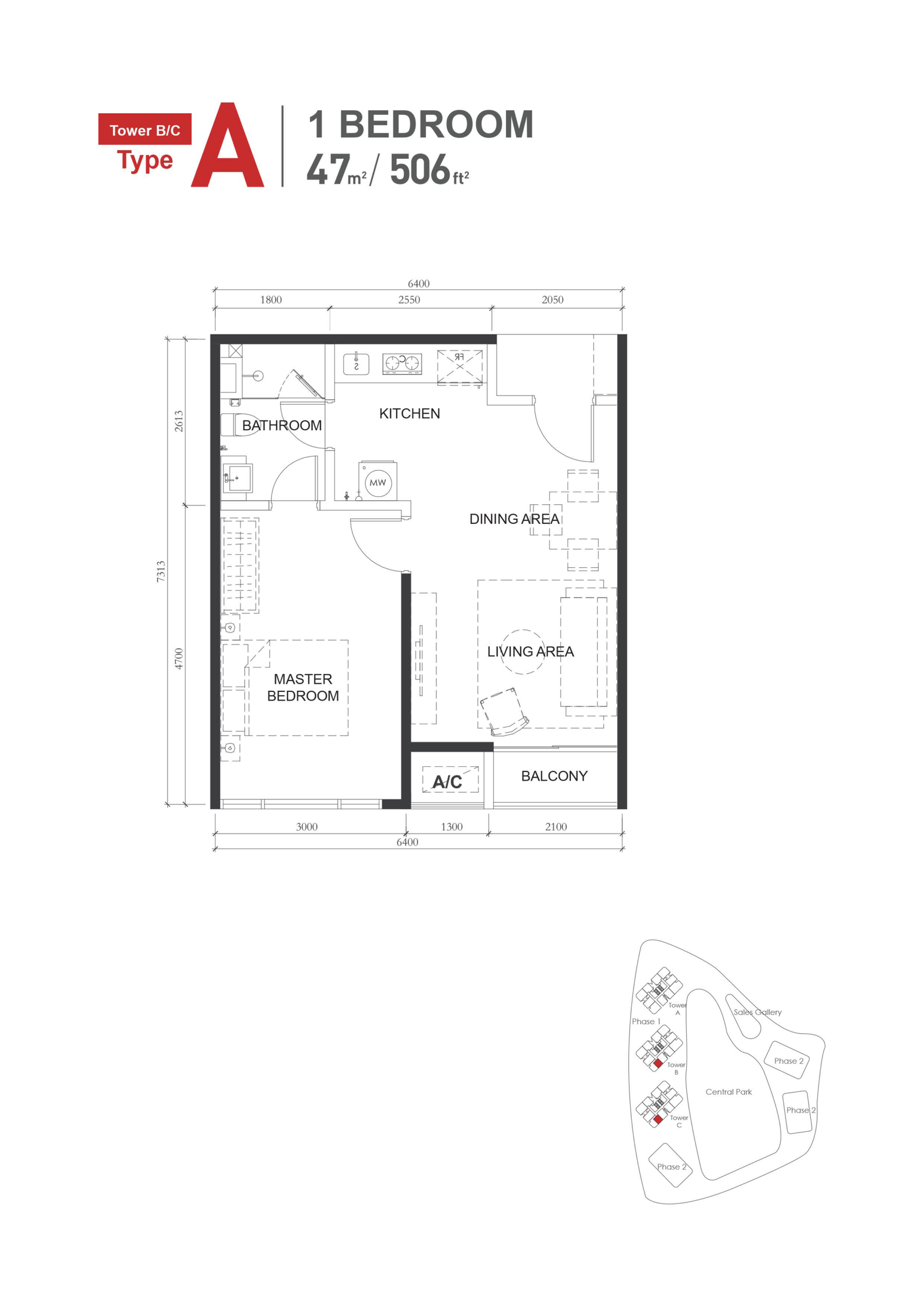 The M Macrolink Medini Type A floor plan — 506 sq ft one-bedroom serviced residence, Iskandar Puteri, Johor