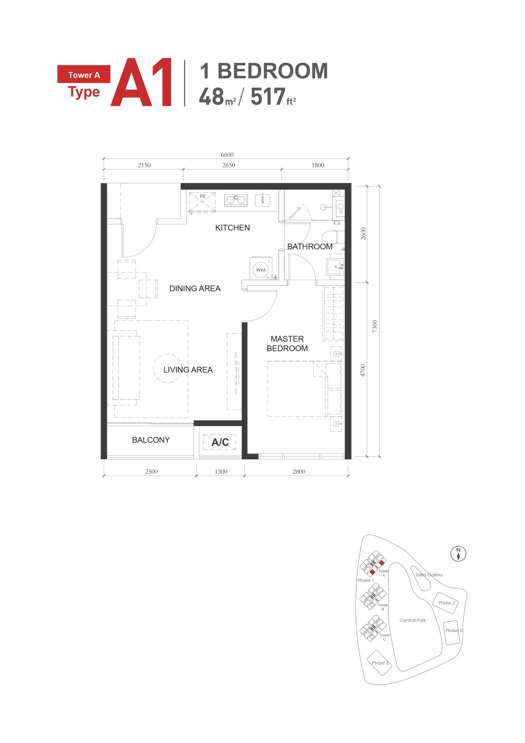 The M Macrolink Medini Type A1 floor plan — 517 sq ft one-bedroom serviced residence, Iskandar Puteri, Johor