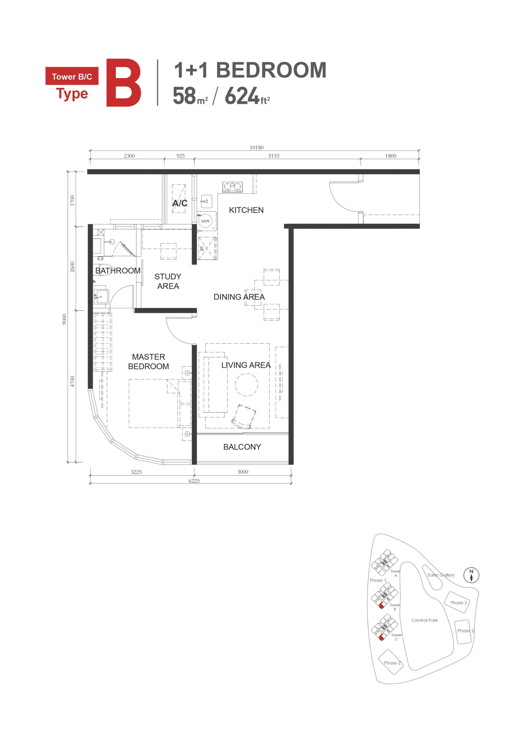 The M Macrolink Medini Type B floor plan — 624 sq ft one-plus-one bedroom serviced residence, Iskandar Puteri, Johor