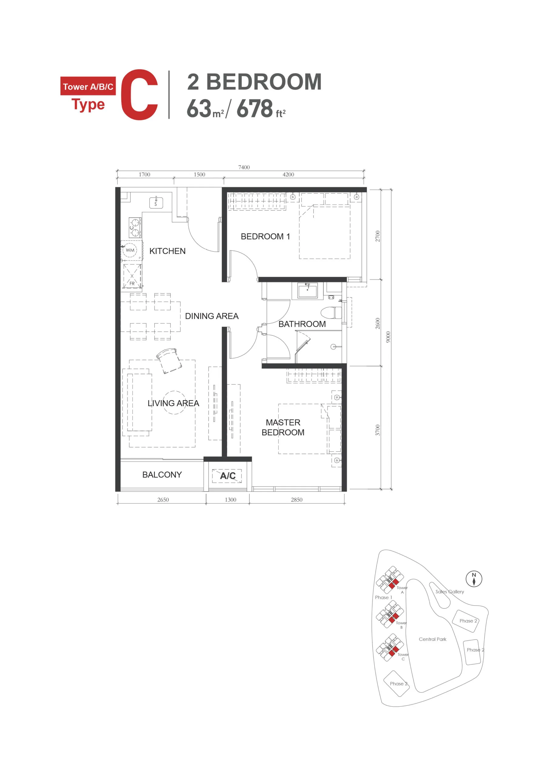 The M Macrolink Medini Type C floor plan — 678 sq ft two-bedroom serviced residence, Iskandar Puteri, Johor