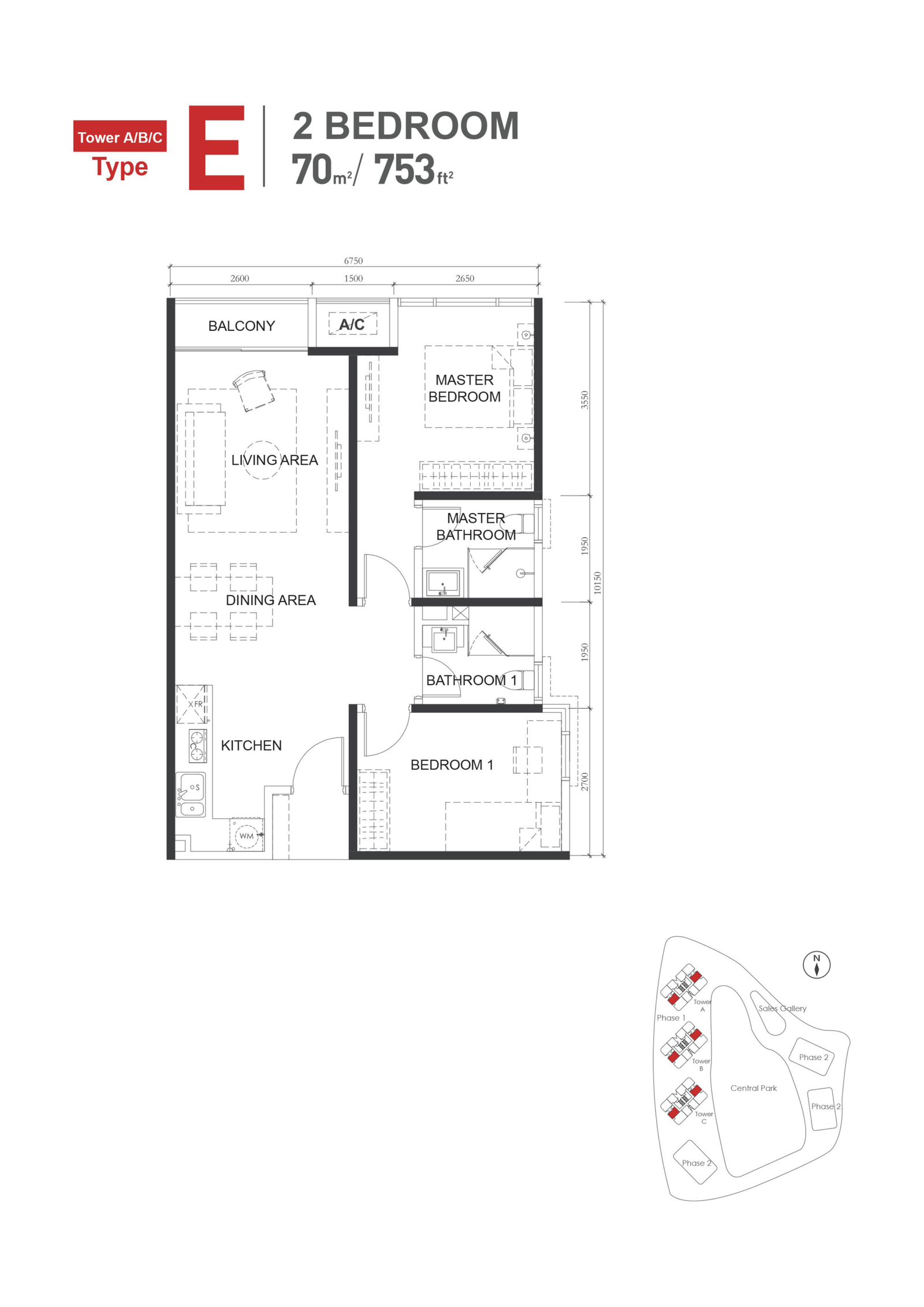 The M Macrolink Medini Type E floor plan — 753 sq ft two-bedroom two-bathroom serviced residence, Iskandar Puteri, Johor