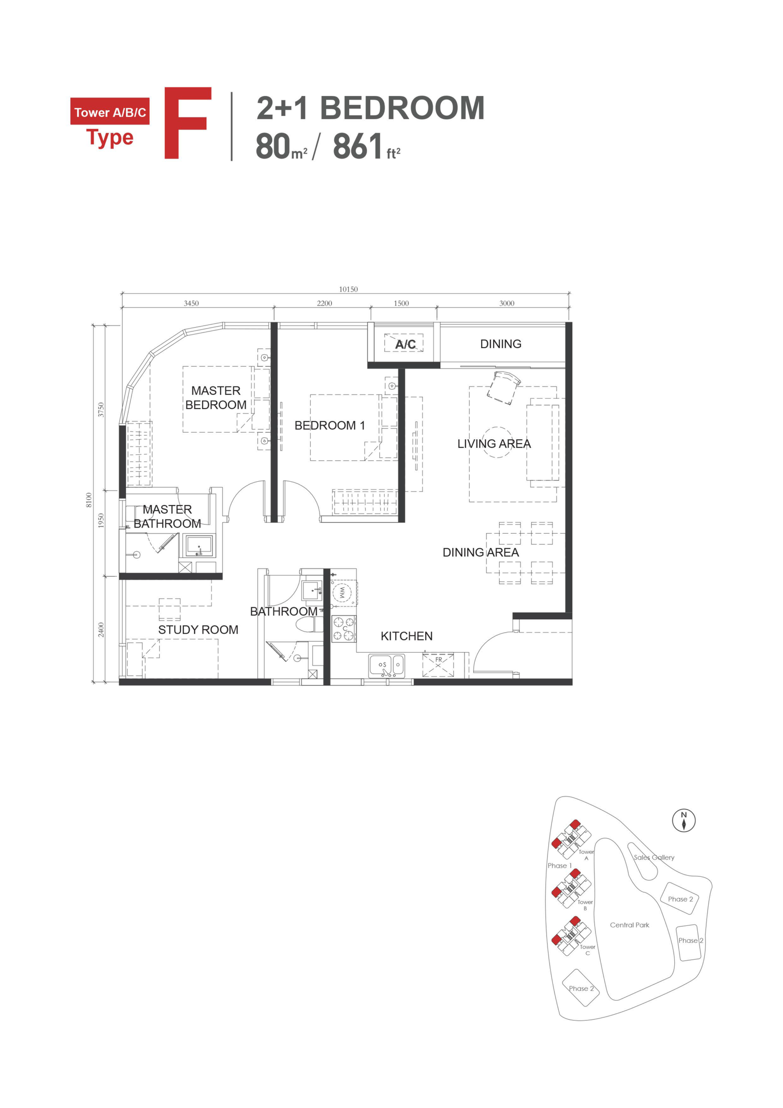 The M Macrolink Medini Type F floor plan — 861 sq ft two-plus-one bedroom serviced residence, Iskandar Puteri, Johor