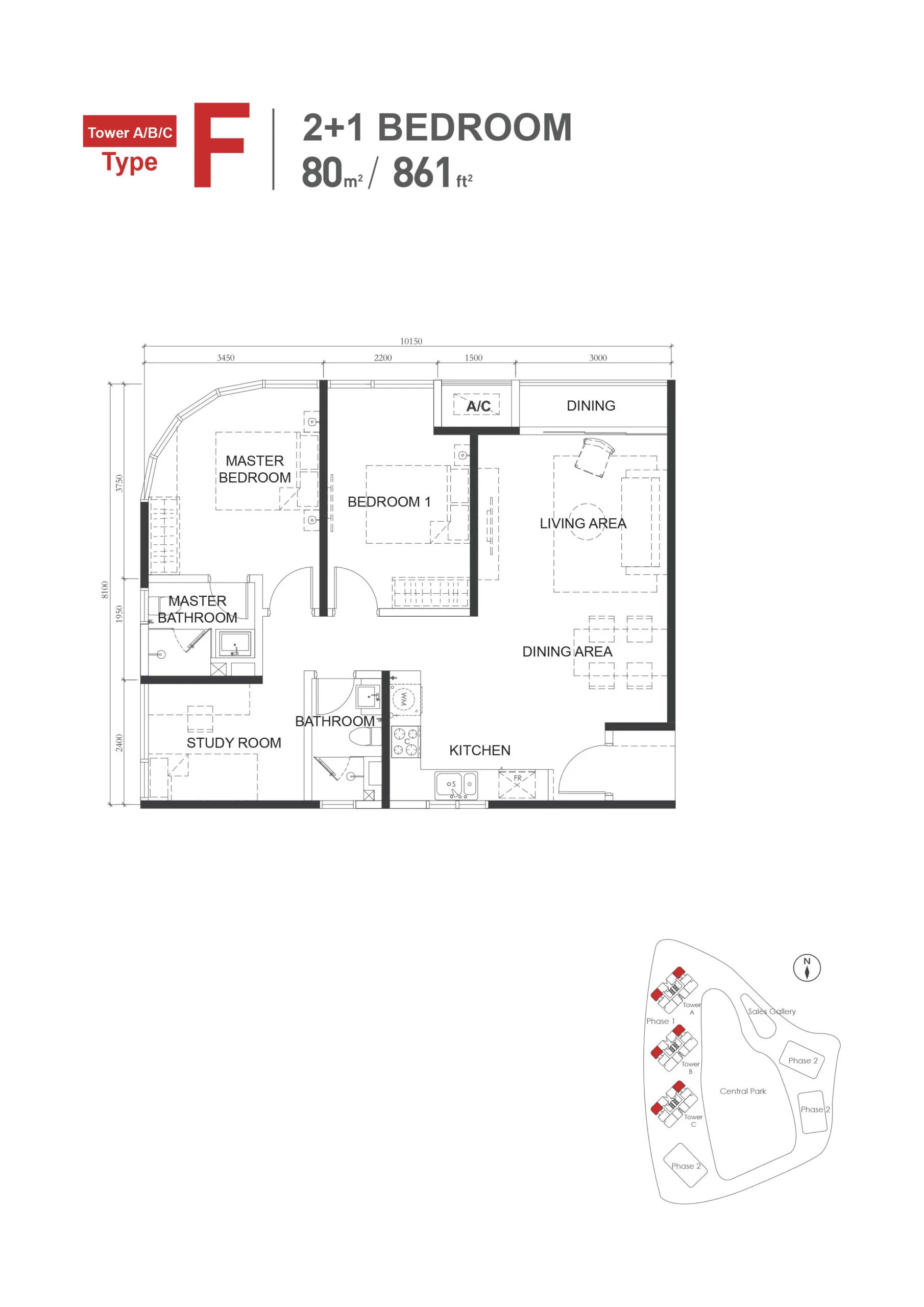 The M Macrolink Medini Type F floor plan — 861 sq ft two-plus-one bedroom serviced residence, Iskandar Puteri, Johor