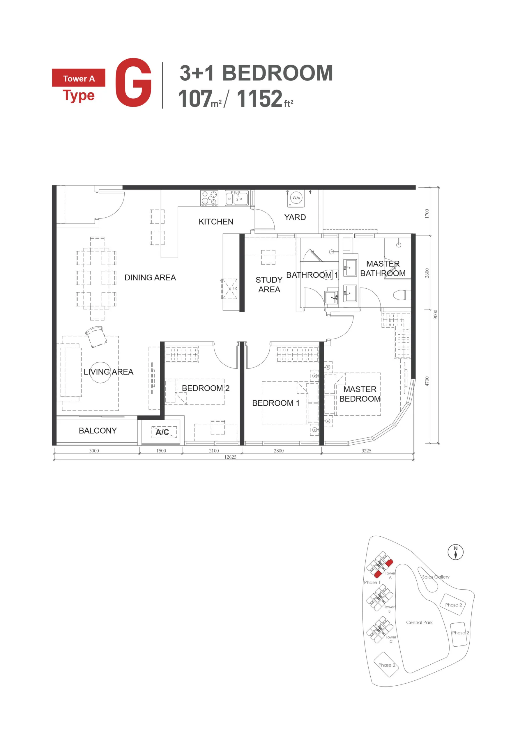 The M Macrolink Medini Type G floor plan — 1,152 sq ft three-plus-one bedroom serviced residence, Iskandar Puteri, Johor