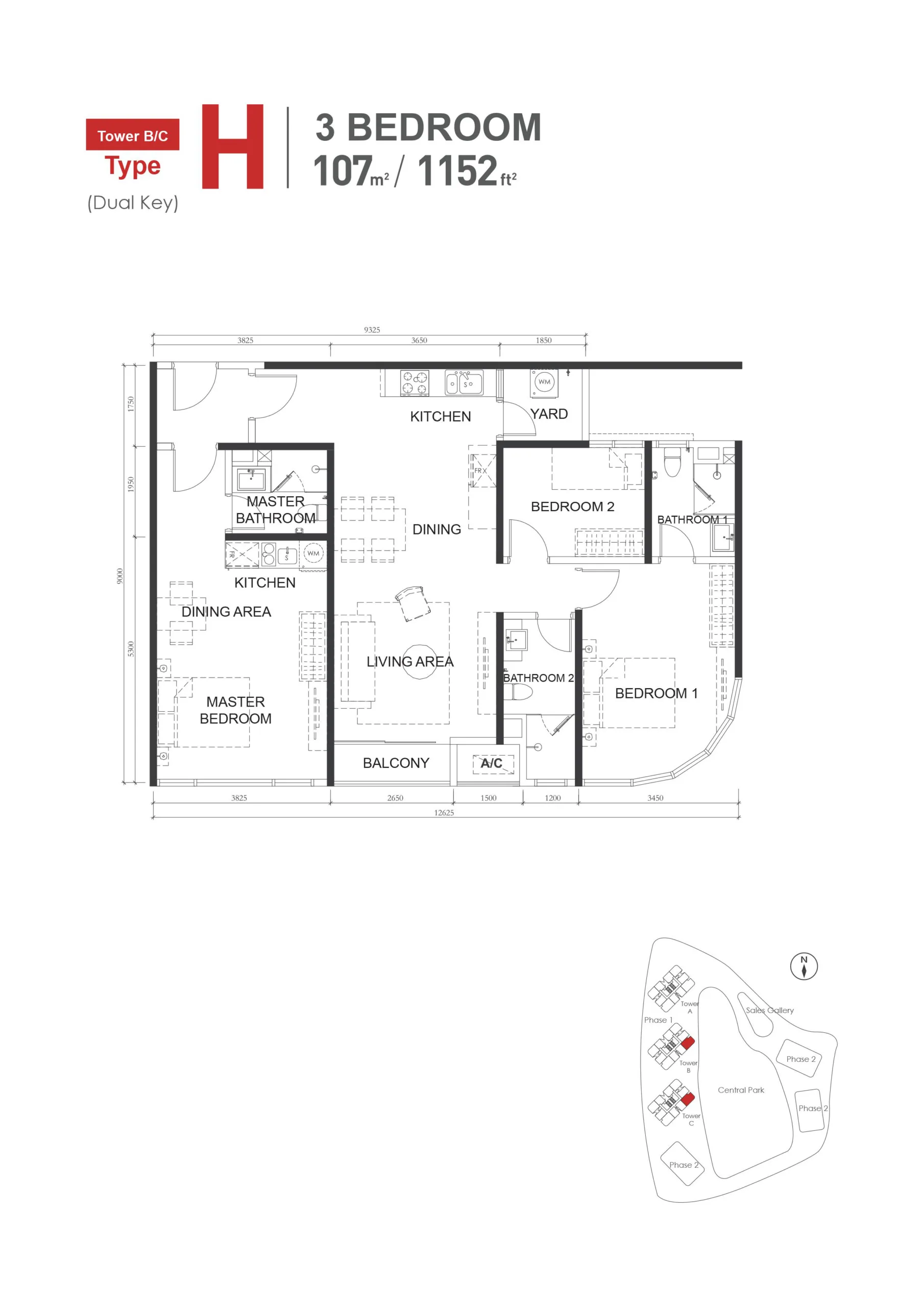 The M Macrolink Medini Type H dual-key floor plan — 1,152 sq ft with three bedrooms and three bathrooms in two separately accessed sections, Iskandar Puteri