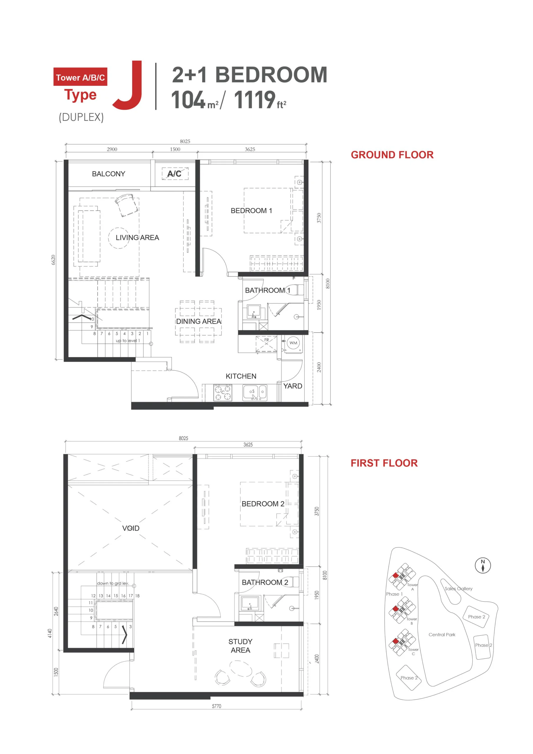 The M Macrolink Medini Type J floor plan — 1,119 sq ft two-plus-one bedroom serviced residence, Iskandar Puteri, Johor