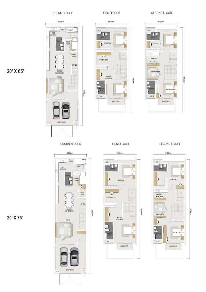 The Maxxon Villa typical three-storey terrace layout plan, 5+1 bedrooms and 5 bathrooms, Bandar Damai Perdana, Cheras, Selangor