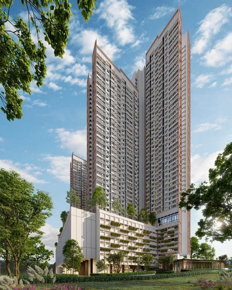 Tower A facade at The Queenswoodz @ Bukit Jalil with park-facing elevation, Kuala Lumpur