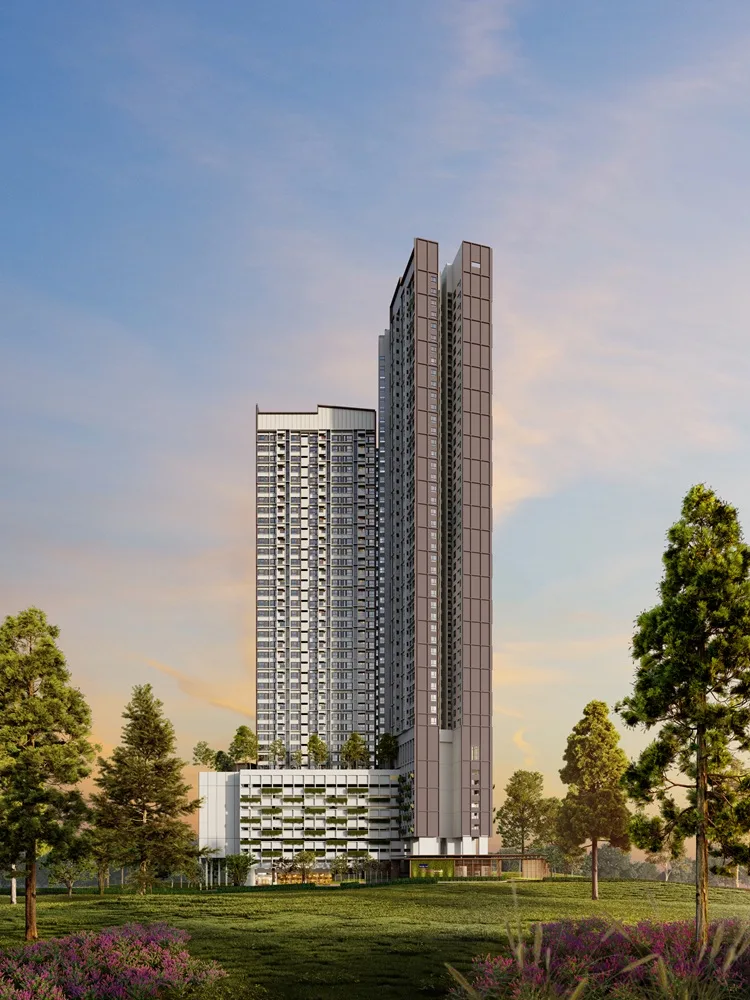 Tower B facade at The Queenswoodz @ Bukit Jalil in the evening, Kuala Lumpur